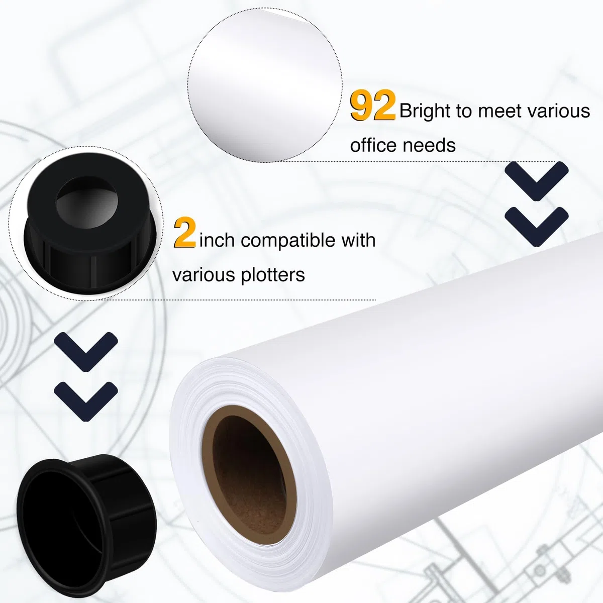 VOISEN Papel de formato ancho, 2 rollos de papel para plóter de 24 pulgadas x 150 pies, rollos de papel CAD, 20 libras, 24 rollos de papel en núcleo de 2 pulgadas para impresión CAD en impresoras de