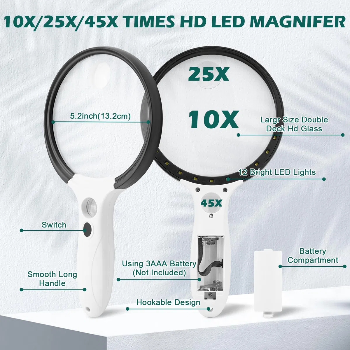 Lupa grande con luz, 10 x 25 x 45 x lupa iluminada de mano con 3 modos de luz, 12 luces LED, bolsa de almacenamiento, paño limpio para personas mayores, lectura de monedas, inspección
