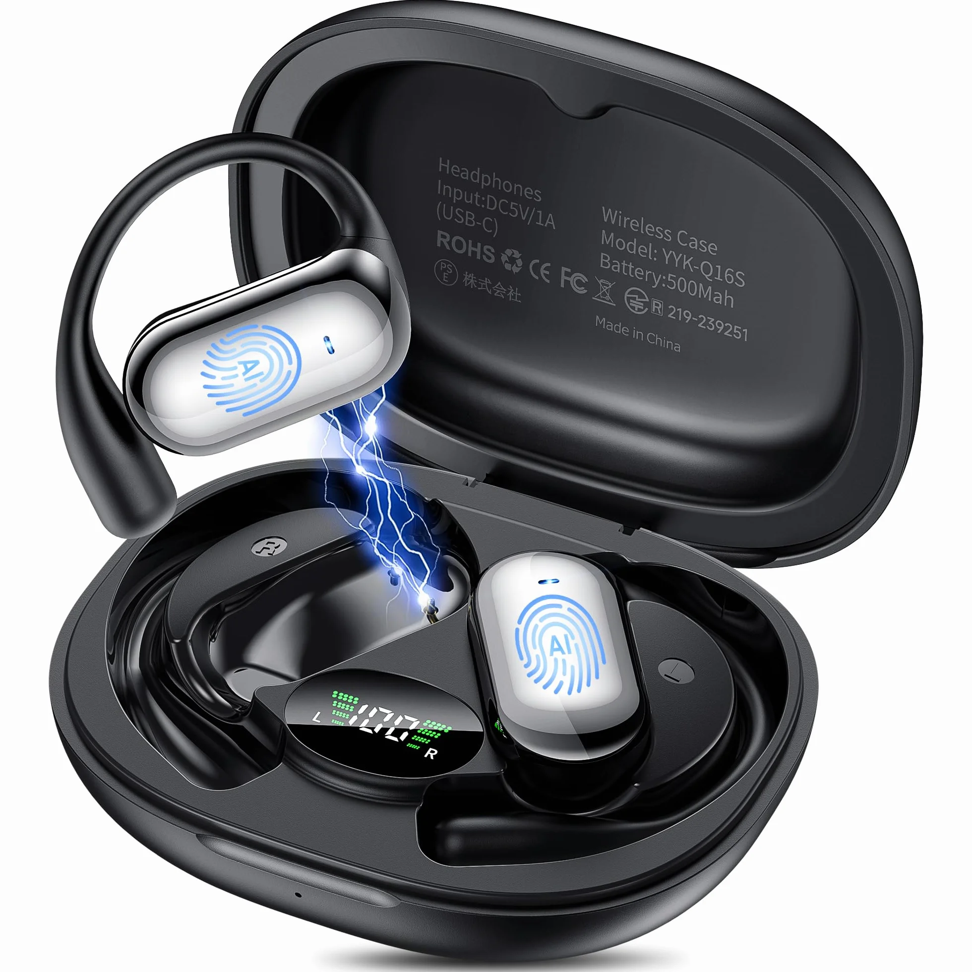 AI Auriculares Traductor en Tiempo Real, 8 Modos Traducción con 198 Idiomas, 3 en 1 Auriculares Traductores de Idiomas, 60H Cascos Oreja Abierta Bluetooth 6.1 para Viajes, Reuniones Negro