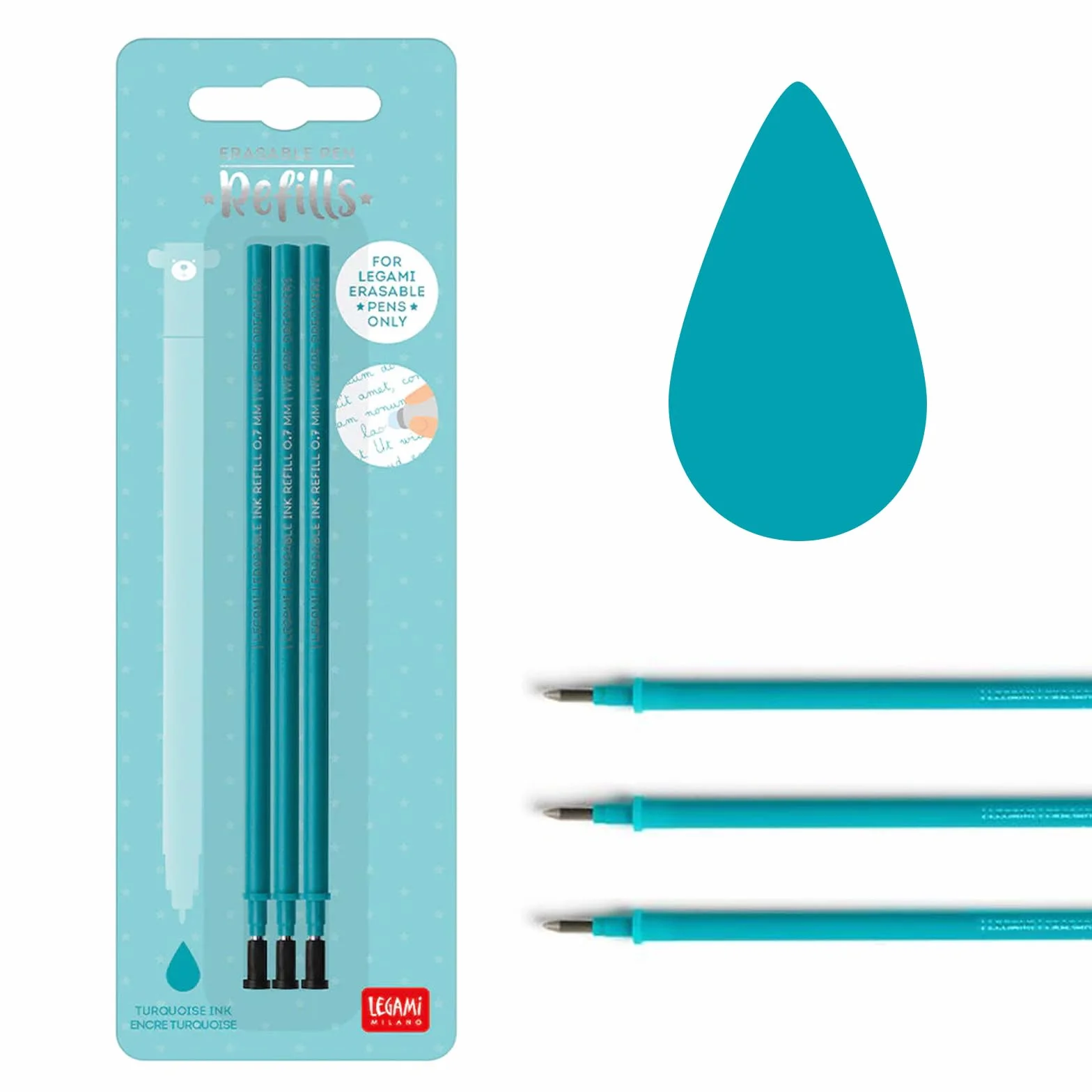 Legami - Recambios de gel para bolígrafos de gel borrable con sobre Tinte Ink (negro, azul, morado y turquesa)