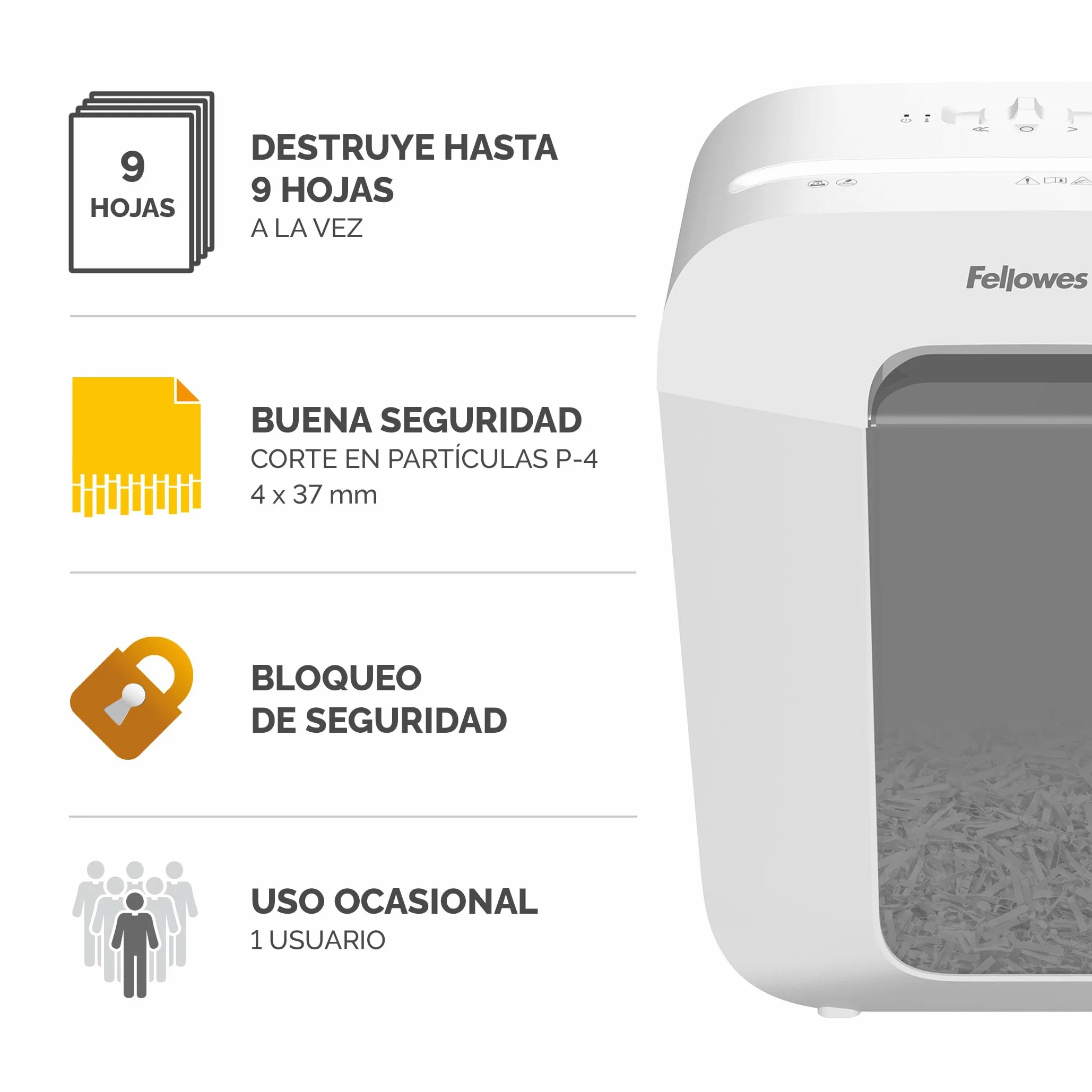 Fellowes Destructora FS-9C - Trituradora de Papel, Corte en partículas, destruye hasta 9 Hojas, Uso Personal, Papelera 17L - Seguridad DIN-P4, Bloqueo de Seguridad - Blanco