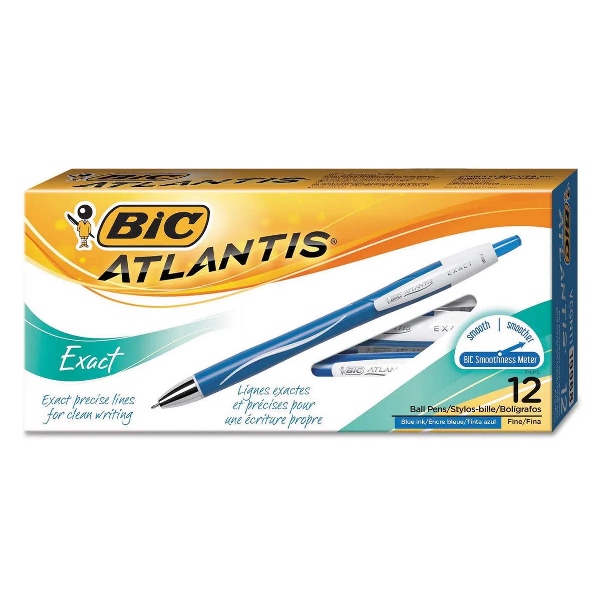 Bic Atlantis Exact - Bolígrafo de punta fina de 0,7 mm, color azul, 12 unidades