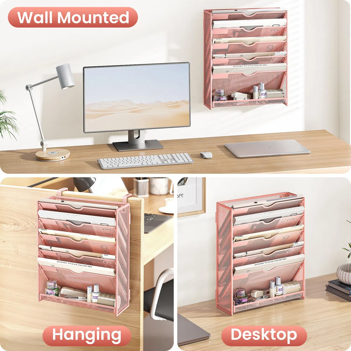 VITVITI Organizador de Pared para Documentos A4, 6 Compartimentos, Revistero de Metal en Malla, Soporte de Revistas y Archivador Vertical para Oficina, Correo y Papelería, Rosa