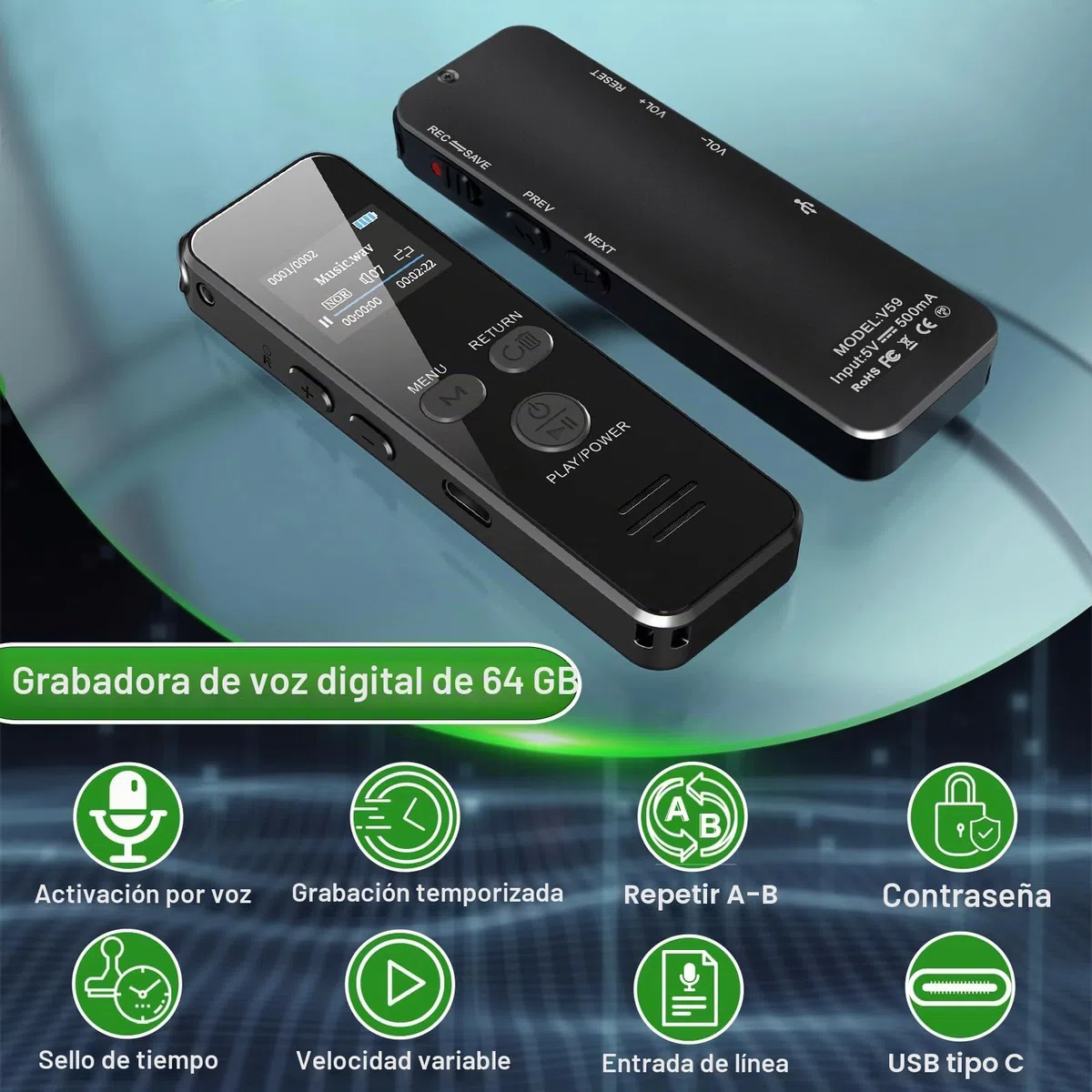 60Horas Grabadora de Voz, 64GB Carcasa Metálica Grabadora de Audio Activada por Voz con Contraseña, USB C, para Conferencias Reunión Clase Entrevistas