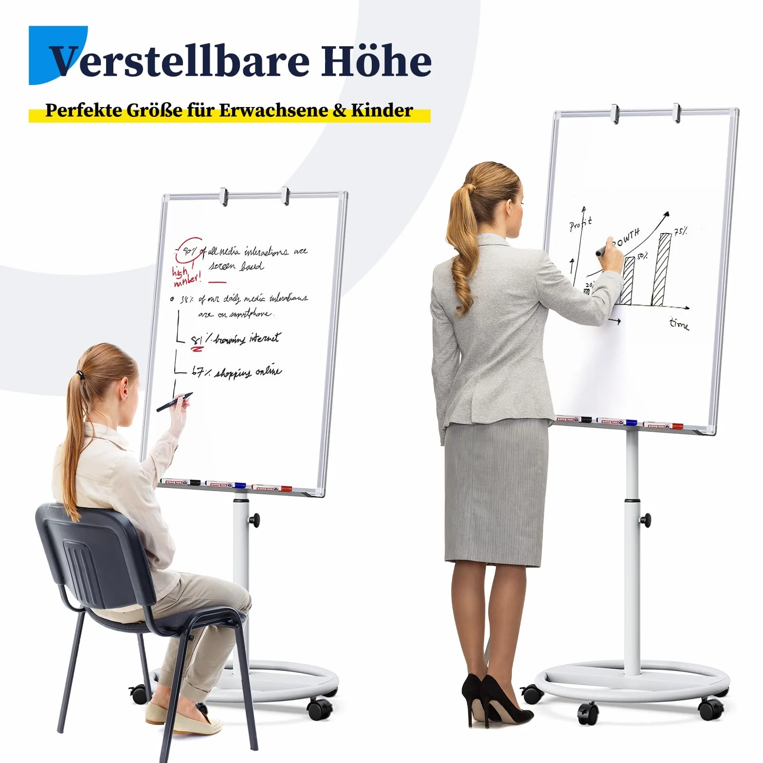 maxtek Pizarra Blanca Con Soporte, 90 X 60 cm Pizarra Caballete, Papel Para Rotafolio MóVil Con Gancho, MagnéTico Para Escribir, Altura Ajustable, 1 Borrador, 3 Marcadores Y 6 Imanes