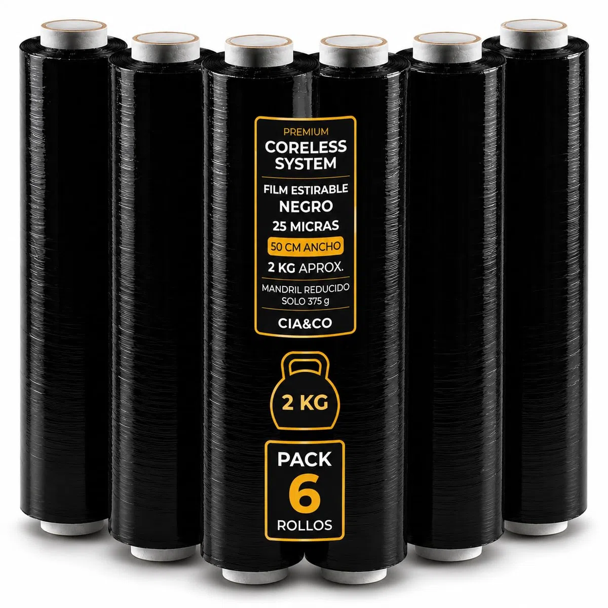 6 x Film Estirable Negro 25 Micras 50 cm x 2 Kg | Coreless System con Hasta un 20% Más Film Útil | Film para Paletizar Palets, Embalaje Profesional, Mudanzas, Almacén y Logística | Cia&Co (Pack de 6)