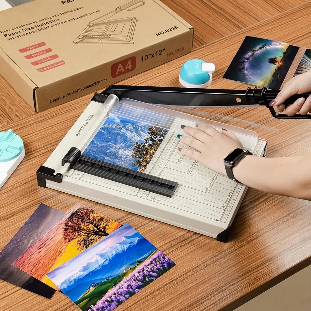 Recortadora de papel A4 con protector de seguridad, capacidad de 12 hojas, guía magnética, base de metal resistente para cartulina, cartón, vinilo, manualidades y fotos