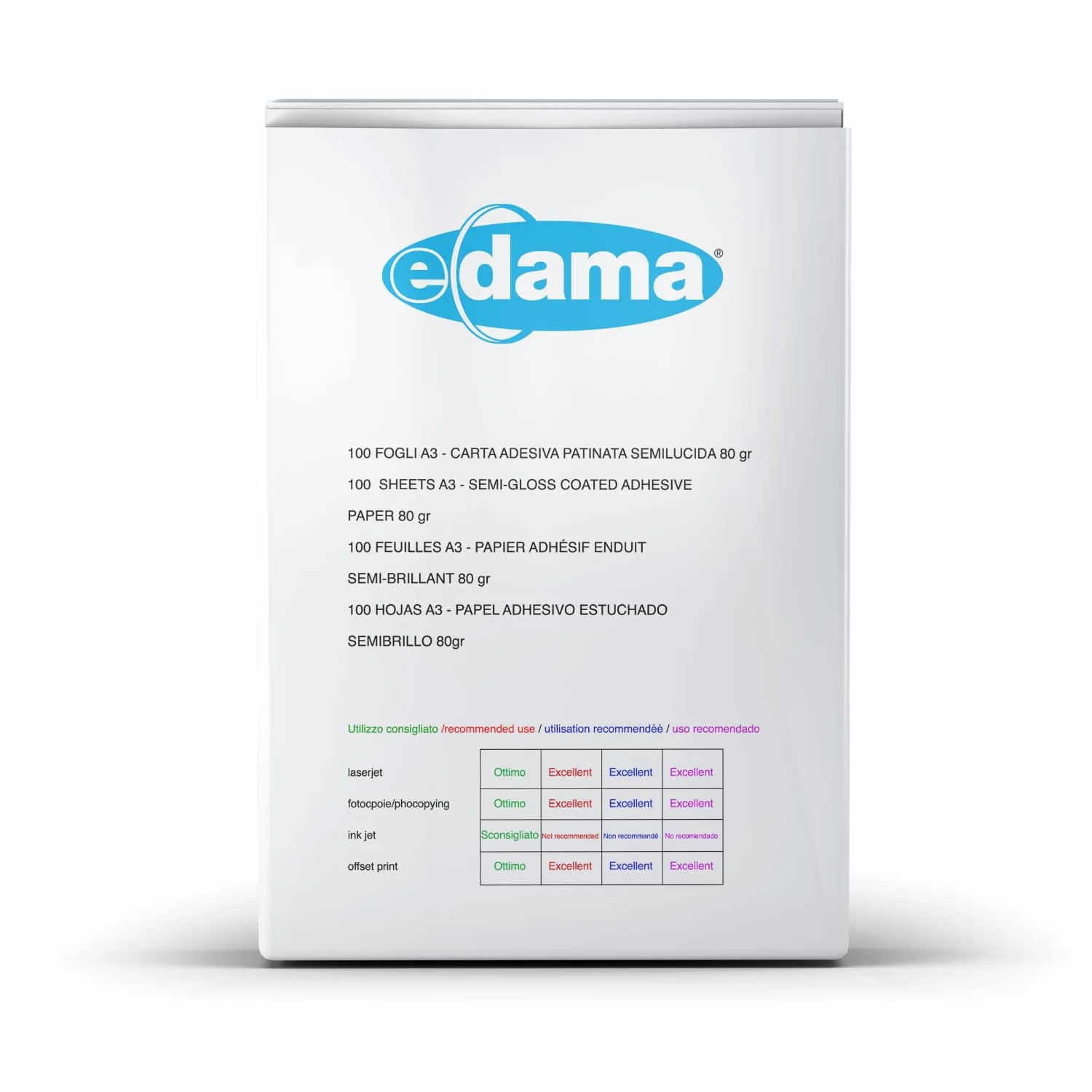 e-dama 100 hojas adhesivas imprimibles SRA3 (320 x 450 mm), papel fotográfico adhesivo brillante para impresión láser, blanco con retrocorte