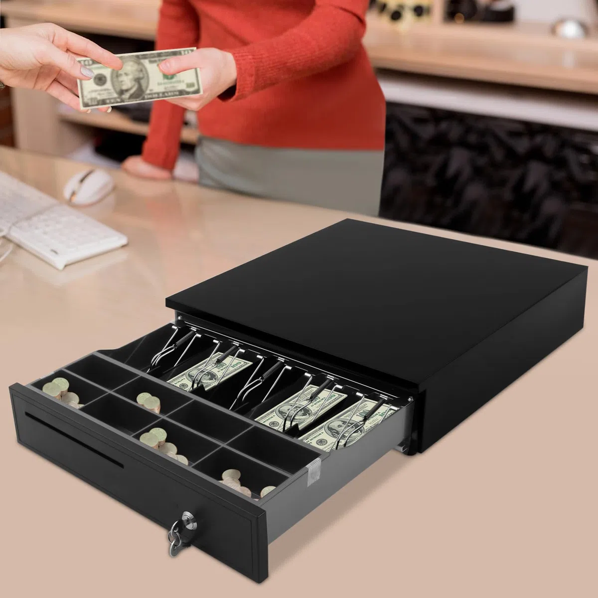 Cajón para dinero registrador, 8 compartimentos para monedas, 5 compartimentos para billetes, registrador para sistemas de posición de venta, 42,5 x 40,5 x 10 cm