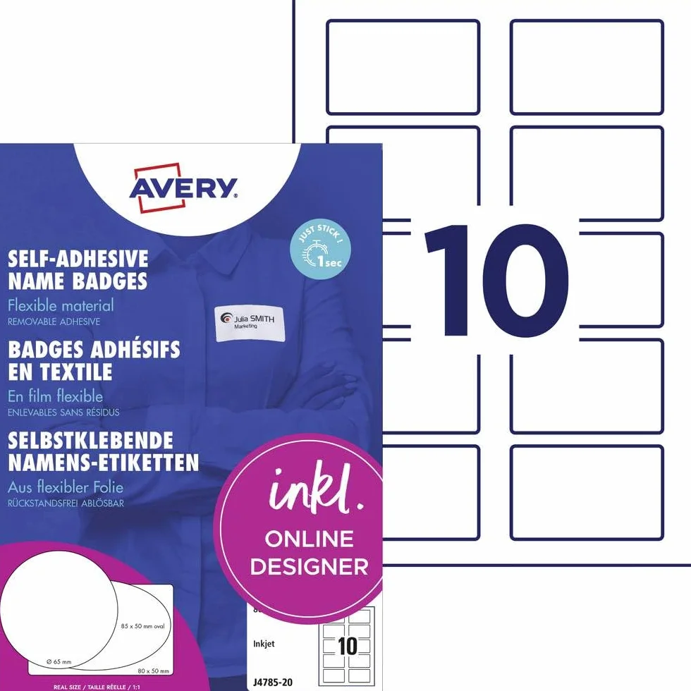Avery Zweckform J4785-20 - Etiquetas de nombre para impresora de inyección (80 x 50 mm, 20 hojas, 200 etiquetas), color blanco