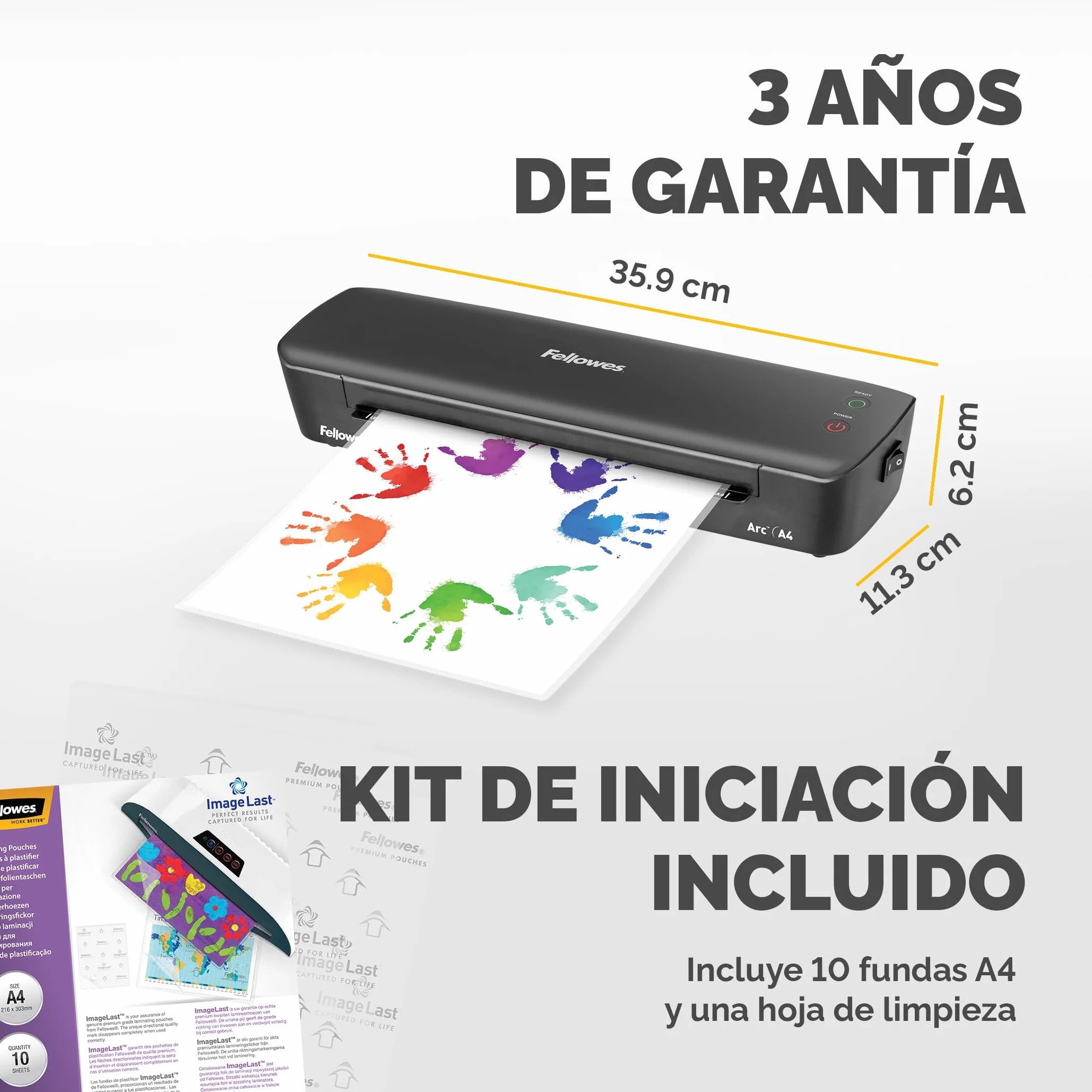 Laminadora Fellowes Arc A4, para plastificar en caliente bolsas de hasta 80 micras, palanca antiatascos, pasatiempos creativos, 30 cm/min, 4570001