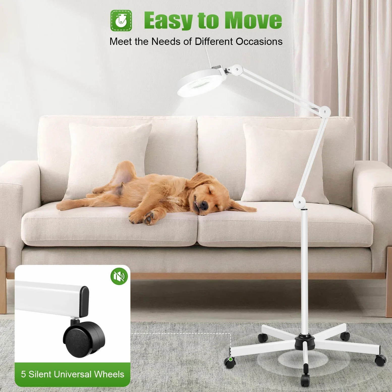 Lámpara de lupa LED, 24 W, lámpara de lupa de lectura, 6000 K, 2400 lm, brazo giratorio ajustable con 5 ruedas, funda protectora contra el polvo, luz de trabajo, lámpara de lupa iluminada, color
