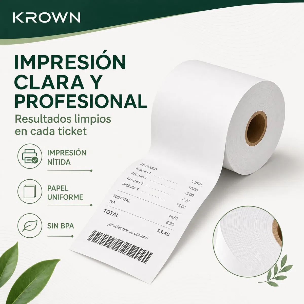 KROWN Rollo de Papel Térmico 80 x 80 x 12 mm Sin BPA – Papel para Tickets, Impresoras Térmicas, TPV, Cajas Registradoras, Básculas y Recibos (48)