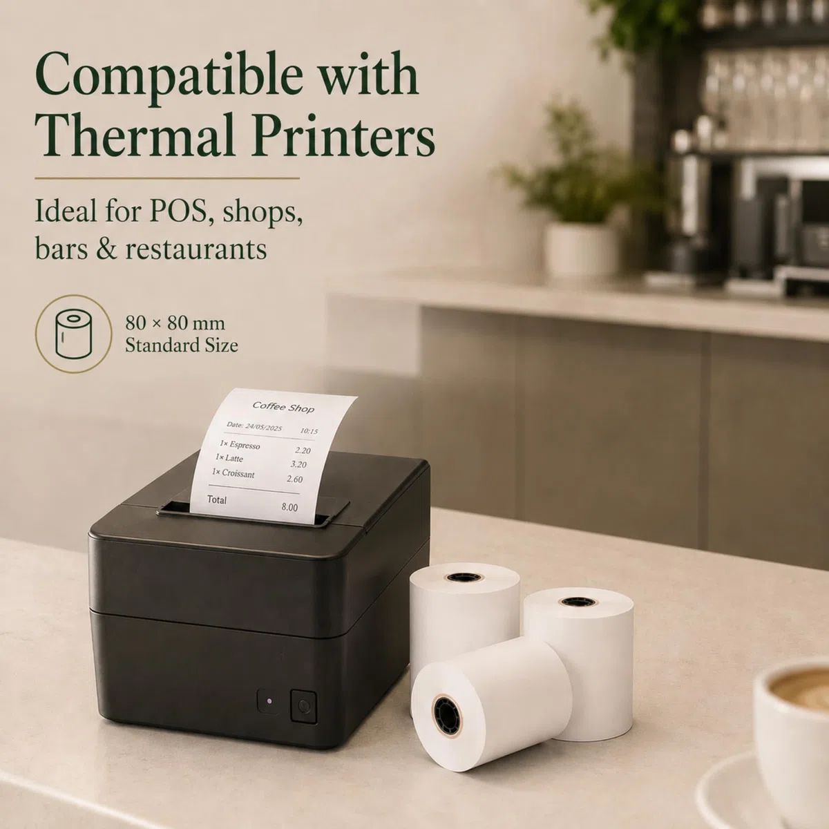 Papel Térmico 80x80 mm, Blanco, Caja de 50 Rollos | Impresión Térmica, TPV y Caja Registradora, Impresora de Tickets, Punto de Venta, Comercio y Hostelería