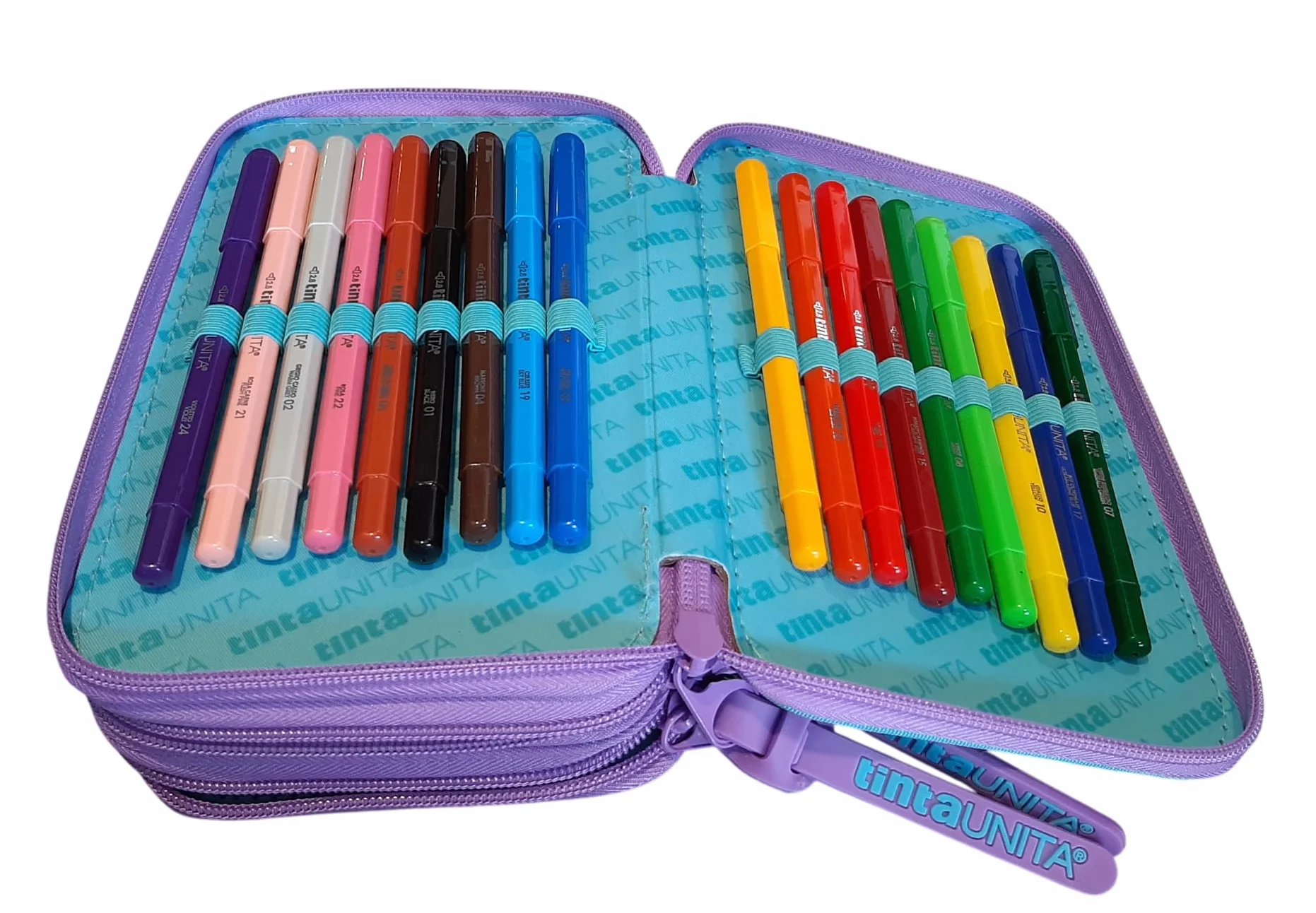 PRESTIGE & DELUXE Estuche completo de color liso Pool Over 3 cremalleras Gradient azul violeta completo de papelería + estuche sobre cremallera para escuela niña niña + llavero y bolígrafo de color