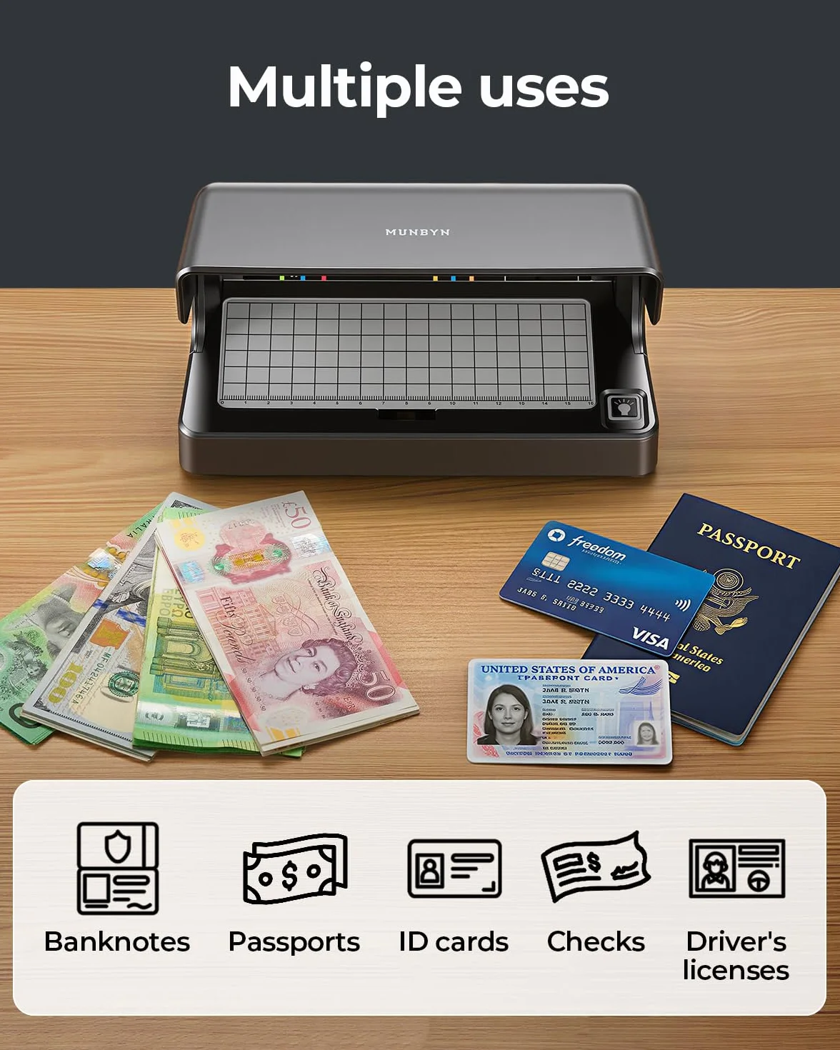 MUNBYN LED Detector de Billetes Falsos UV, Comprobador de Dinero Portátil Recargable con Luz UV y Blanca