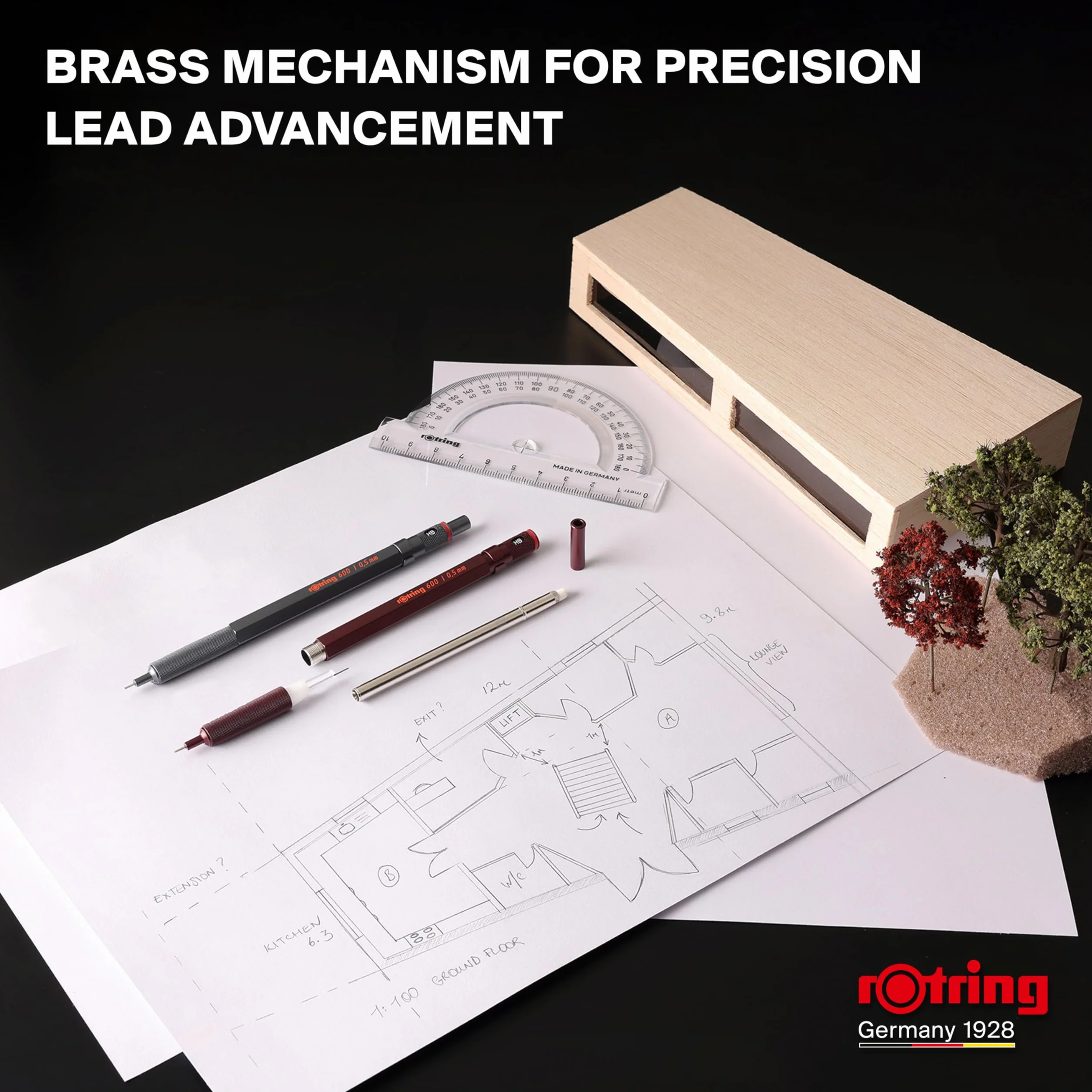 rOtring 600 Portaminas | Mina HB0,5 mm | Portaminas con cuerpo metalizado completo | Piedra oscura | Agarre estriado antideslizante y cuerpo hexagonal