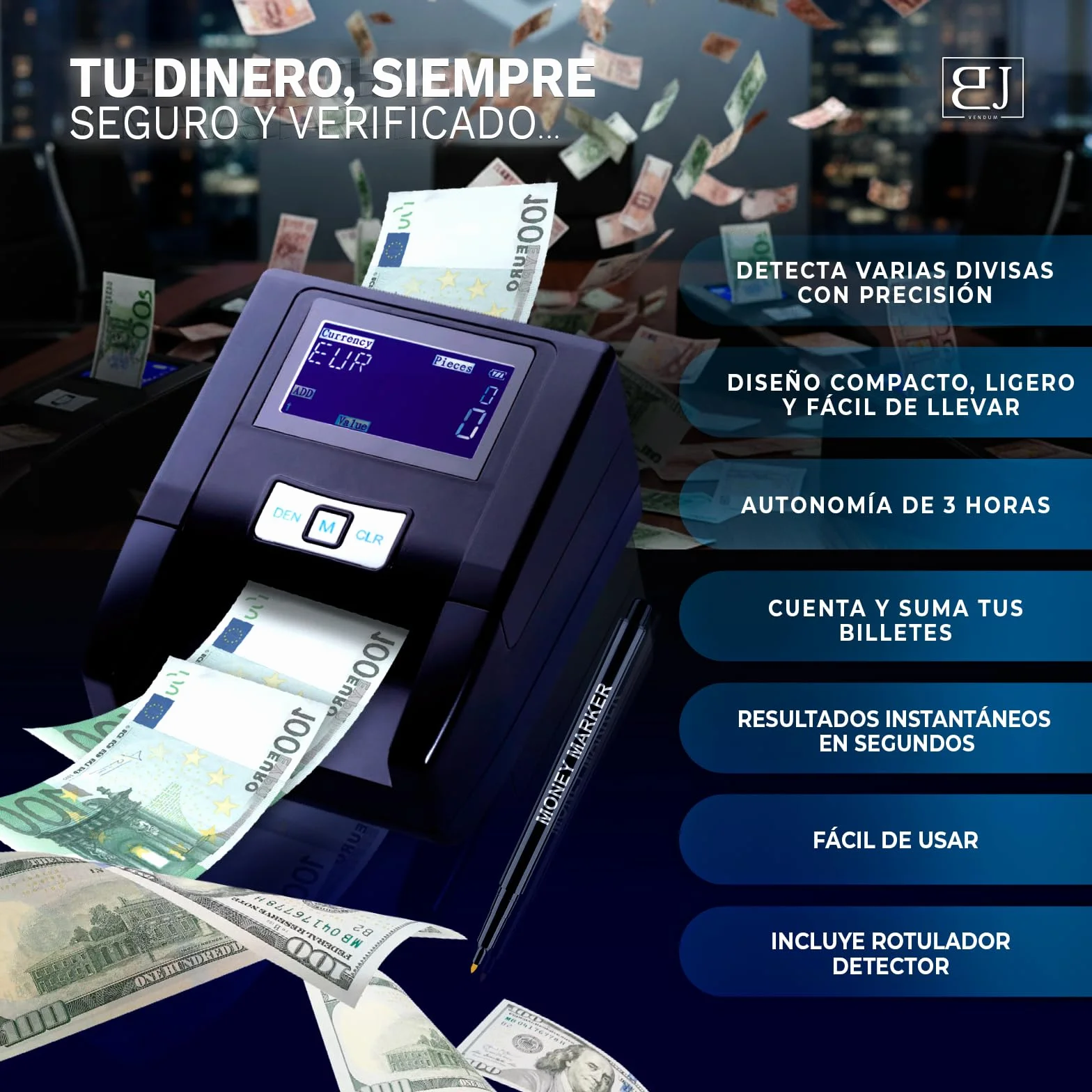 B&J SecureTech® - PACK De Detector De Billetes Falsos 2026 PORTÁTIL + Rotulador Billetes Falsos | 100% DETECCIÓN Y FIABILIDAD Para 3 Divisas EUR, GBP, USD
