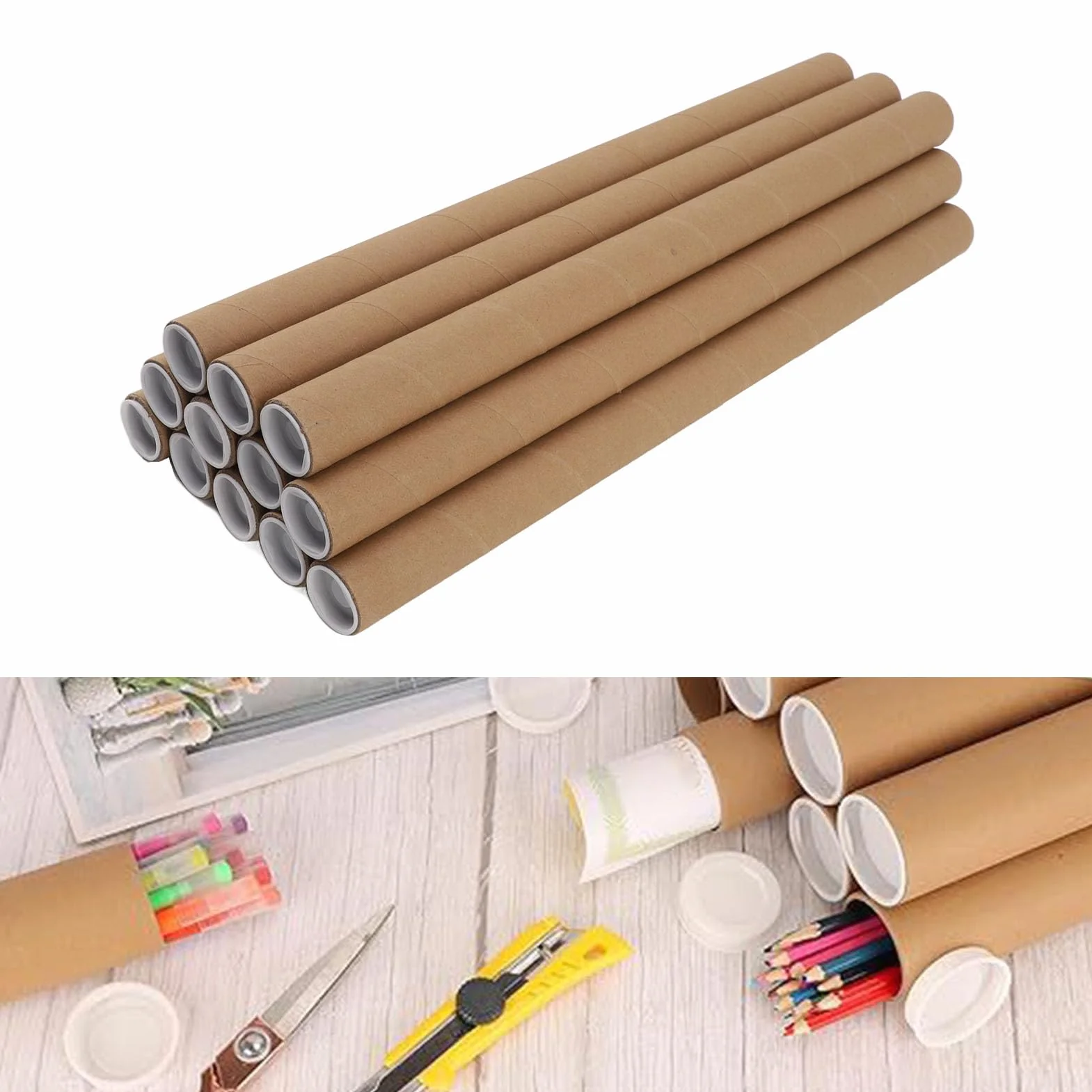 Luqeeg 12 Pack Tubos de Correo con Tapas, Tubo de Cartel de Papel Kraft, Cartón para Envíos Pesados (3,4 x 51 cm)