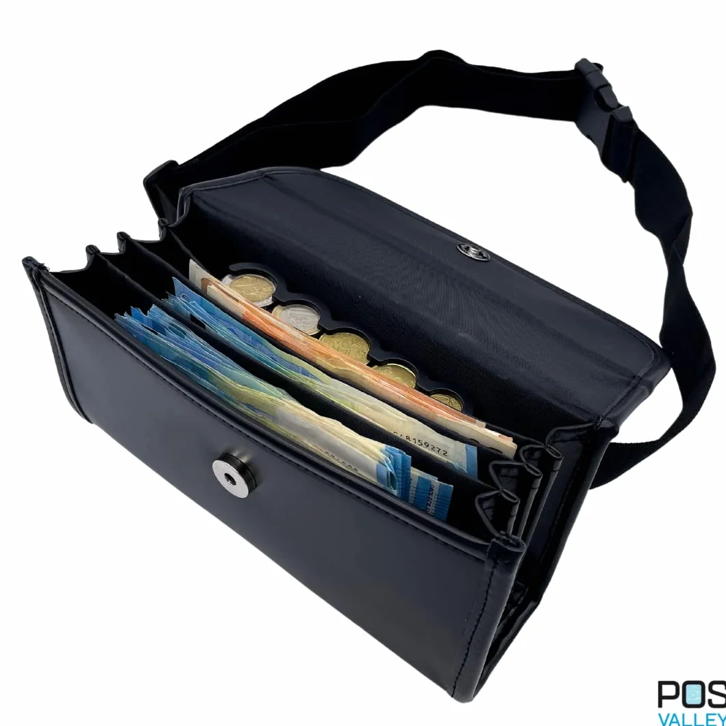 Bolso de Camarero Profesional, Monedero de Camarero, Incl. Cambiador de Monedas para Euros y cinturón de Transporte de 23x11x7cm, Negro