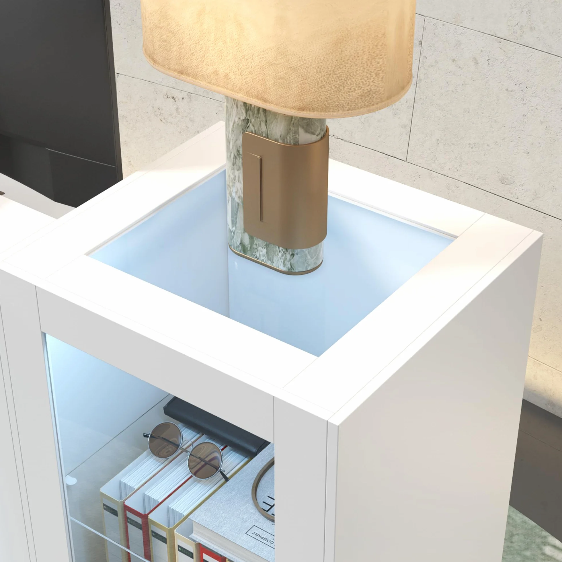 Mesa de recepción blanca con barra de luz, 2 armarios y 1 cajón de teclado, 150 x 52 x 100 cm