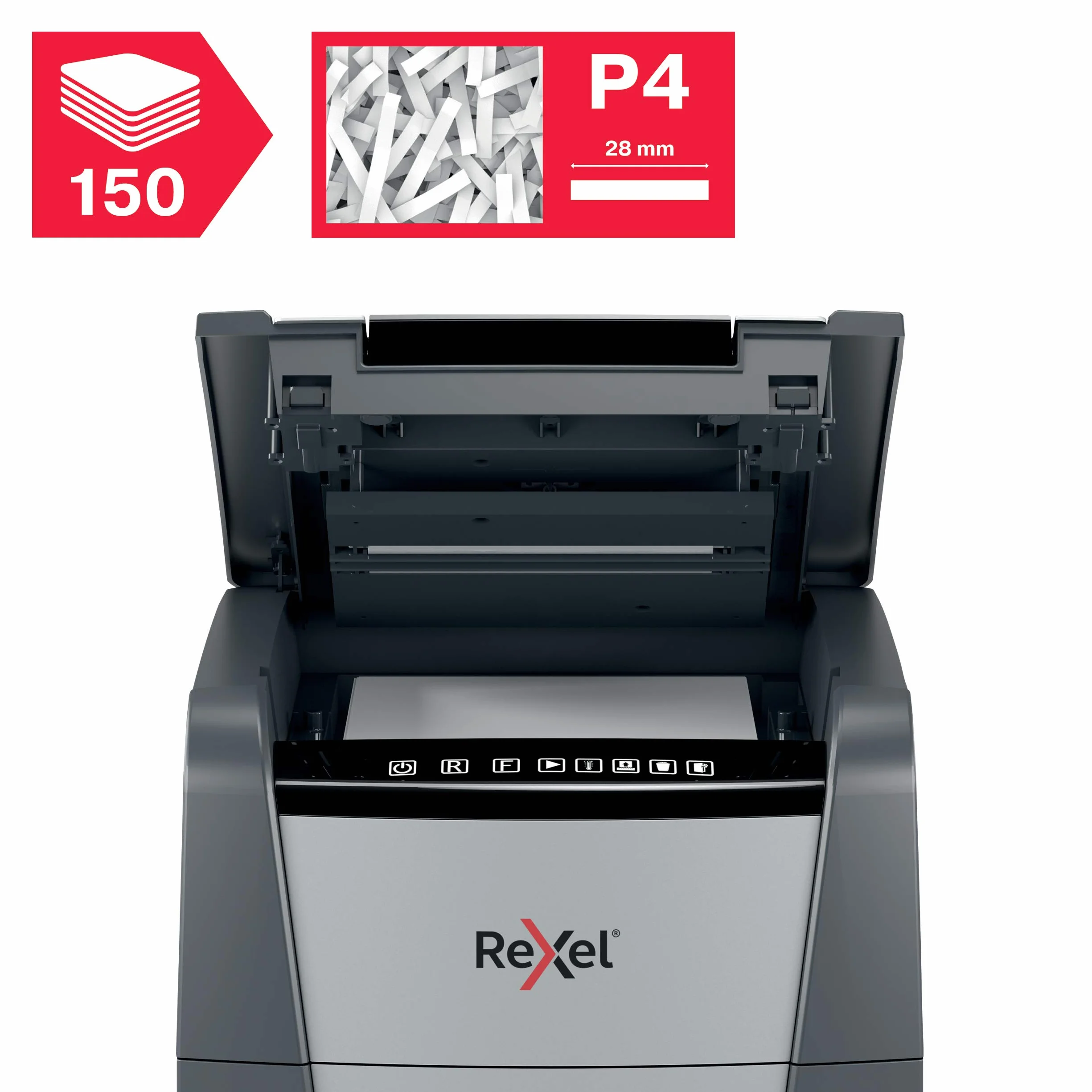 Rexel 2020150XEU - Destructora de Papel Automática Optimum AutoFeed 150X, Corte en Partículas P-4 (4x28 mm), 150 Hojas A4, Papelera Extraíble 44L, Destruye Grapas y Clips, Uso en Oficina
