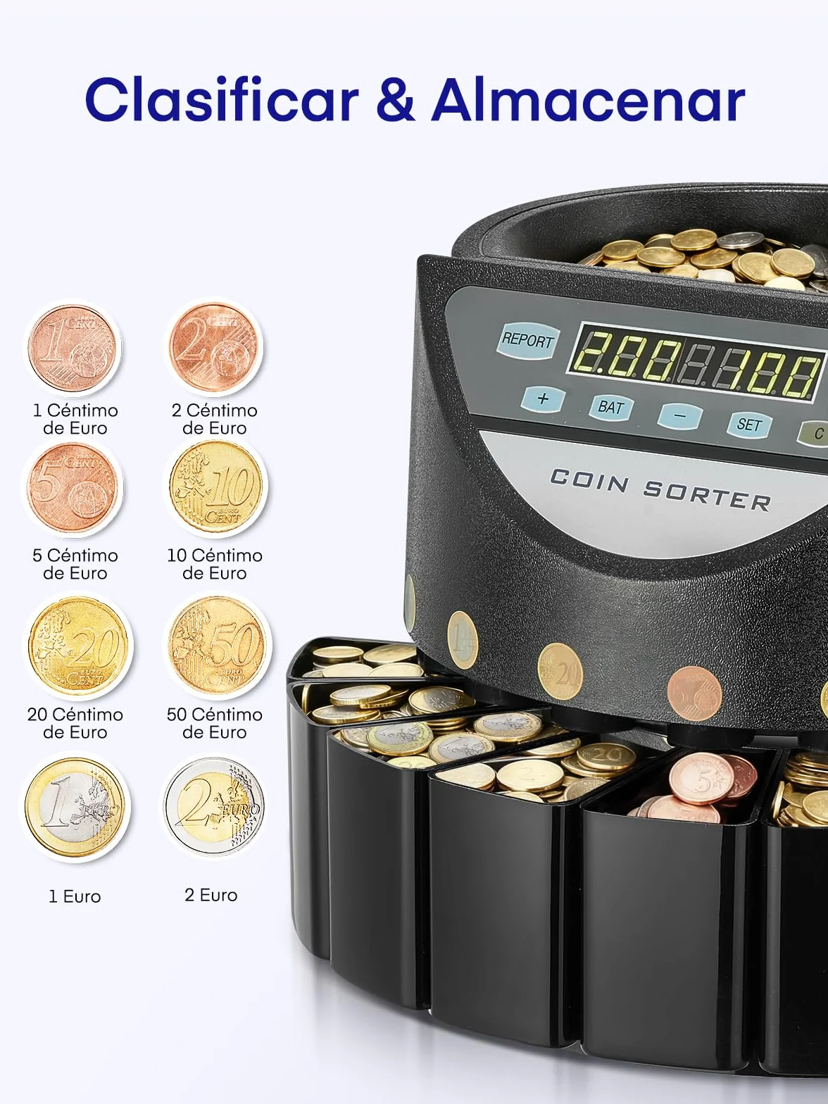 Contador de Monedas Euro, Clasificador de Monedas Capacidad para 800 monedas, Maquina Contar Monedas con 8 cajones de recolección, para colegios, tiendas y bancos