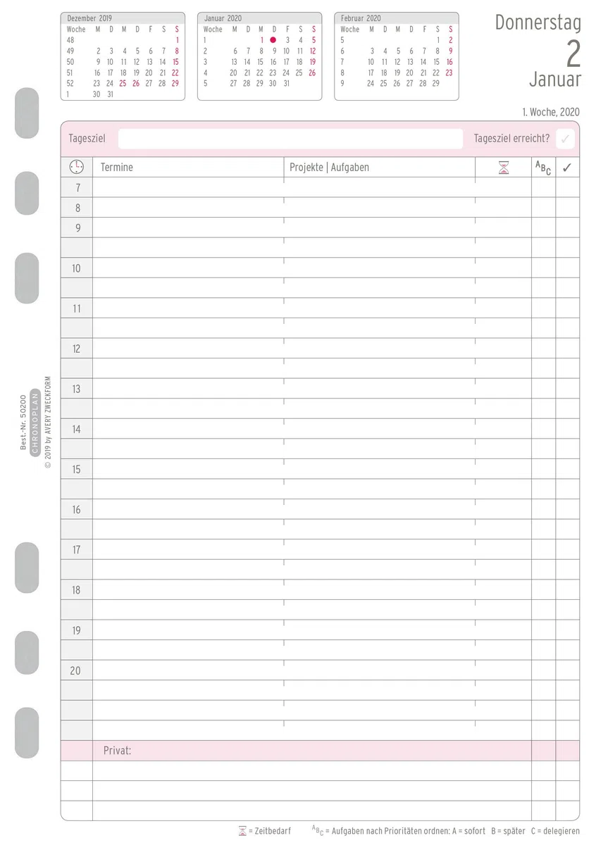 Chronoplan 50200 - Recambio para agenda 2020 (juego anual A5 con planes diarios (148 x 210 mm), calendario de repuesto, ideal para planificación diaria profesional, multiperforación (1 día en 2