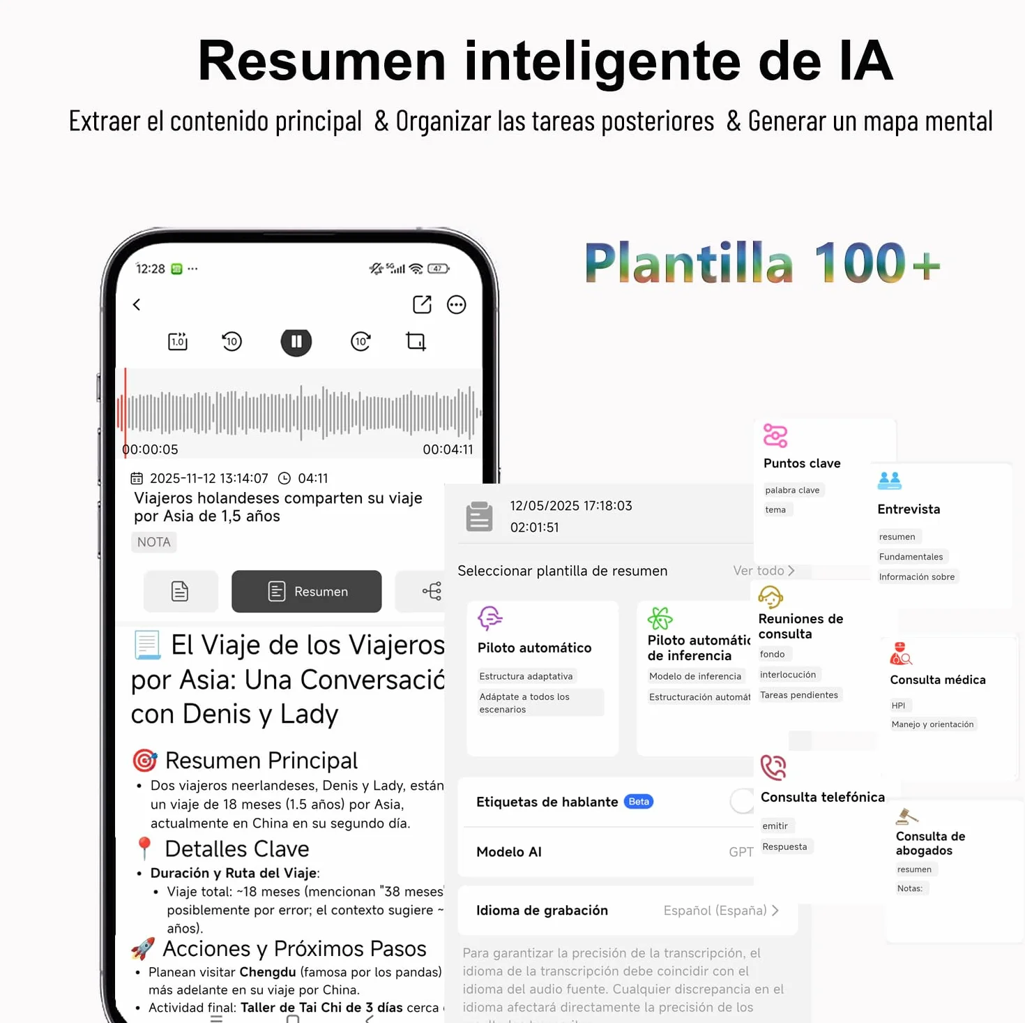 Grabadora de Voz Inteligente con IA Transcripción Resúmenes Grabación AI Reuniones Llamadas Entrevistas Charlas Clases