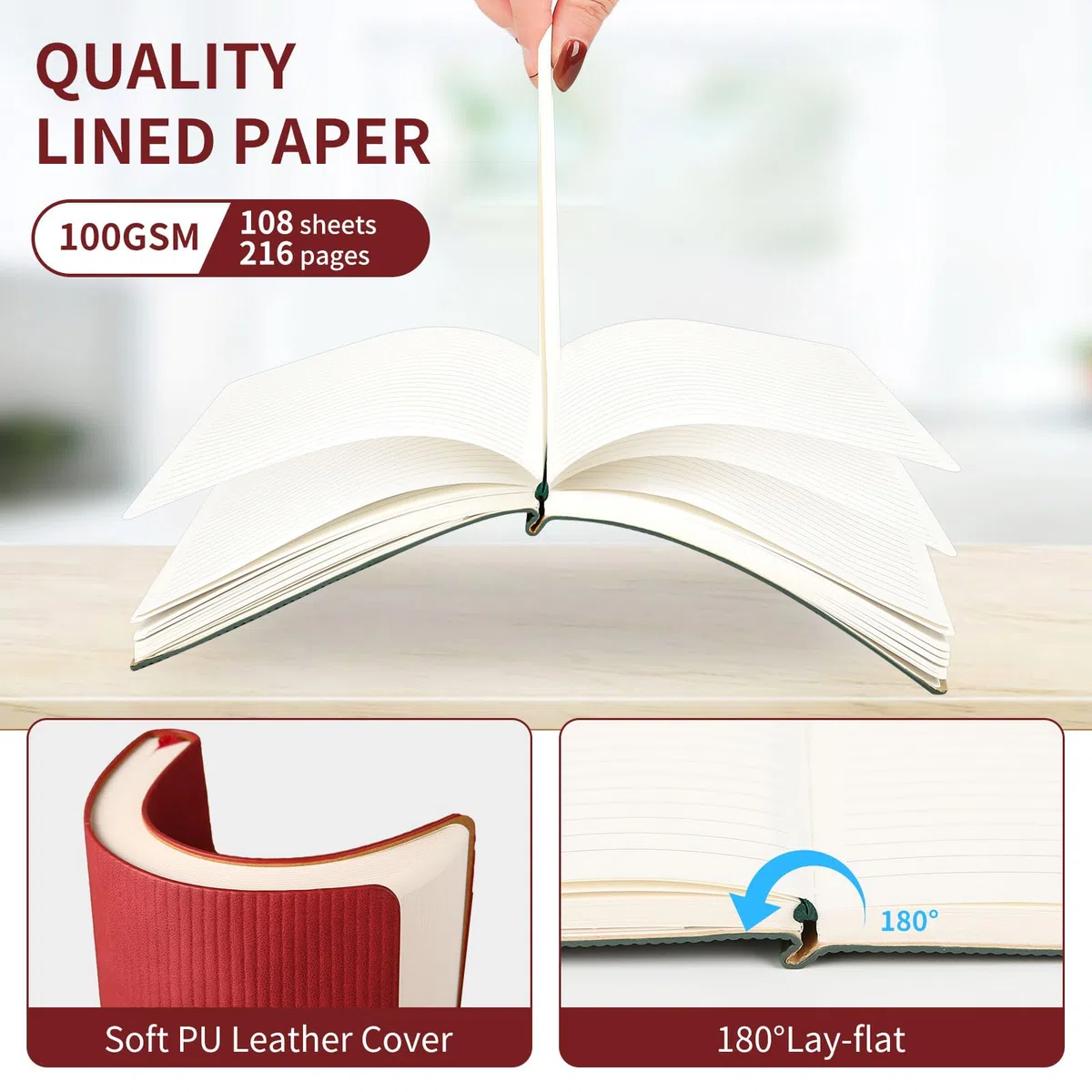 TSFPapier Cuaderno rayado A5 con bolígrafo y caja de regalo, 216 páginas, diarios de piel sintética para mujeres y hombres, papel grueso de 100 g/m², cuaderno con rayas universitarias para escuela