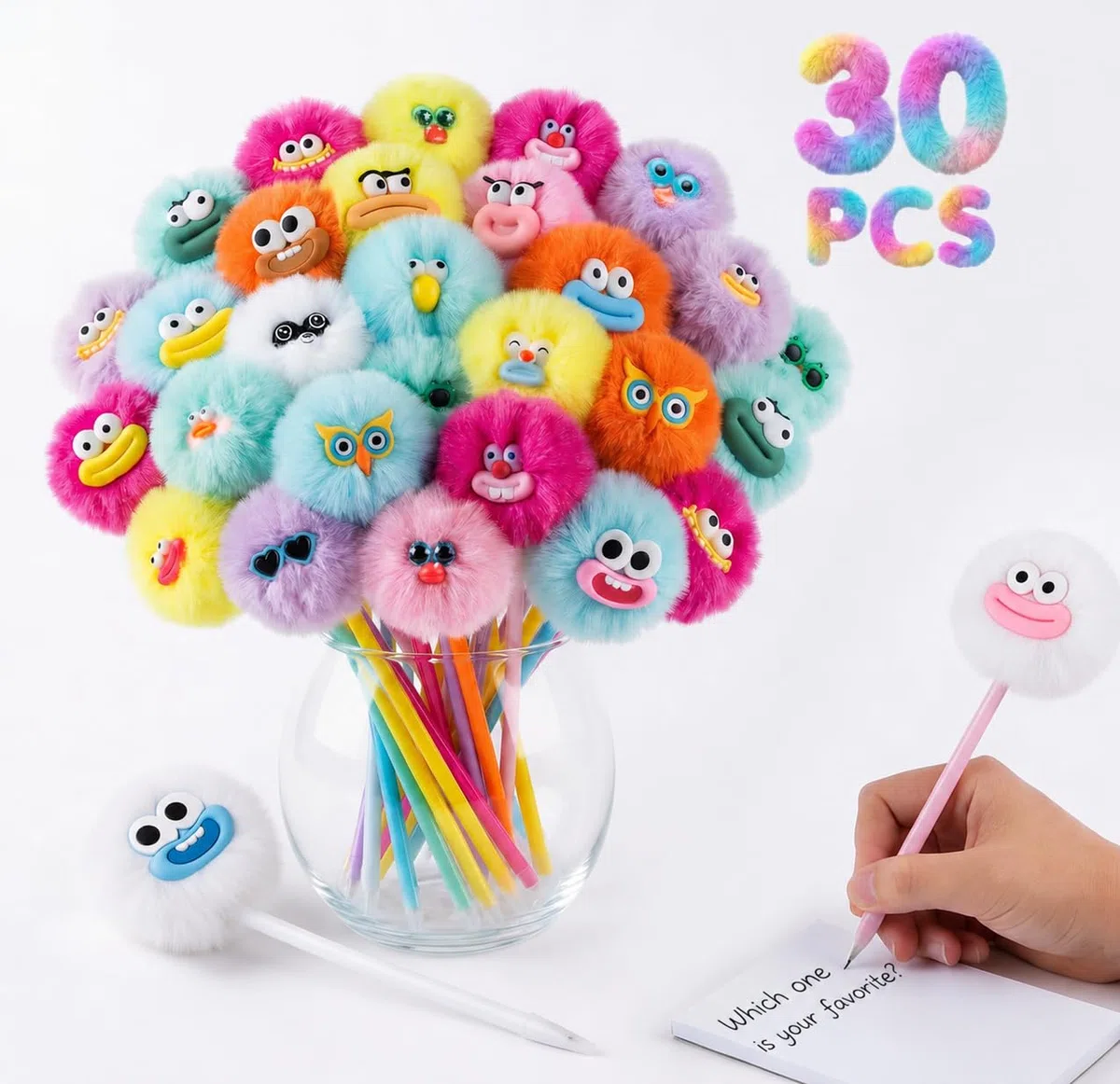 OMyFav 30 bolígrafos esponjosos con pompones lindos y divertidos bolígrafos kawaii para niños, animales de peluche coloridos para premios de aula, suministros de oficina