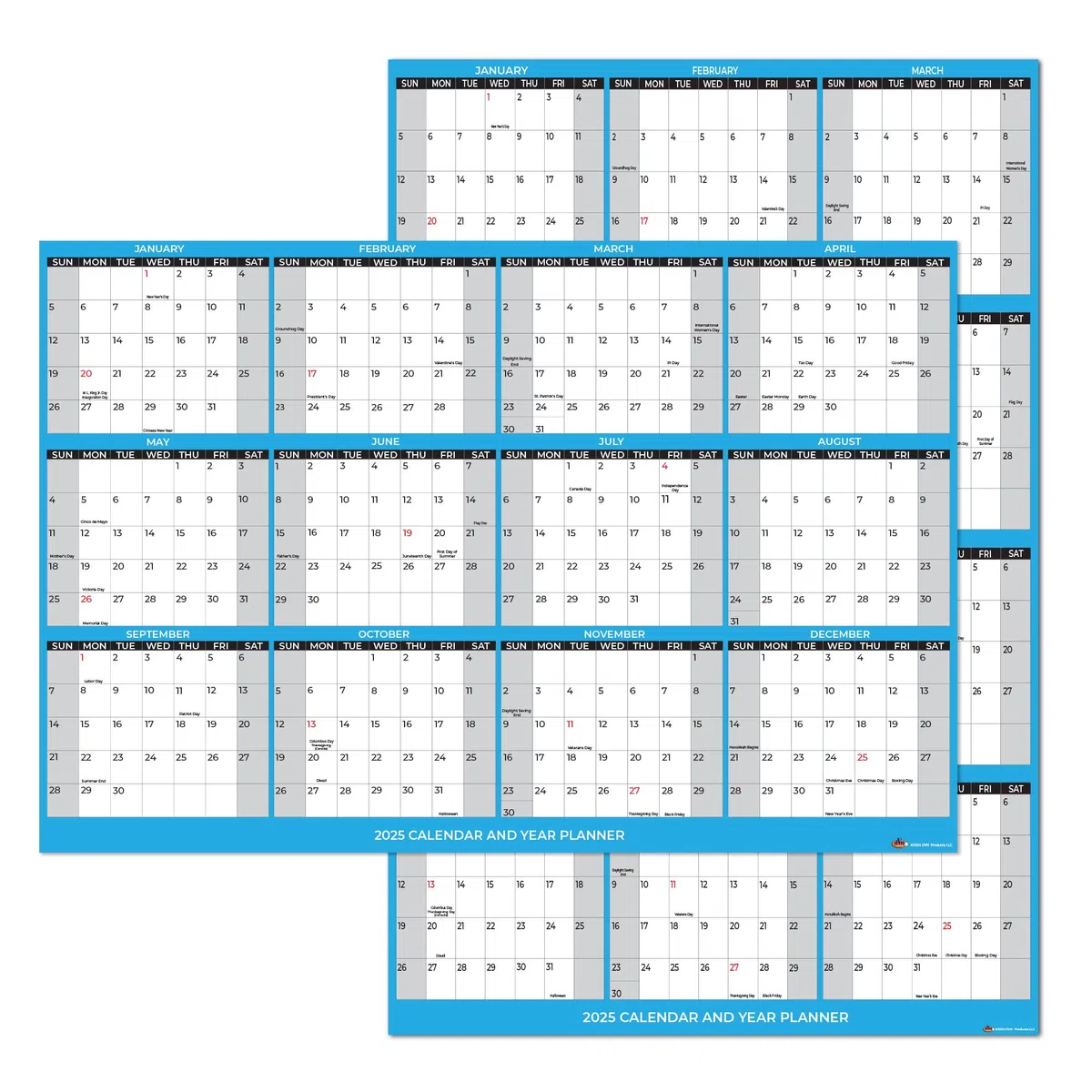 Calendario de pared 2025, tamaño grande, 24 x 36 pulgadas, plegado en papel, planificador anual de pared de 12 meses, reversible, horizontal/vertical