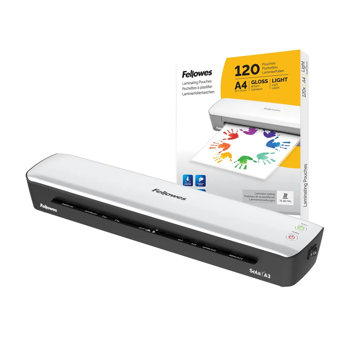 Fellowes Sola A3 - Plastificadora de documentos, para uso ocasional, plastificadora A3 con apagado automático, 80-125 micras, exclusiva Amazon + Pack de 120 fundas de plastificar A4, Acabado brillo