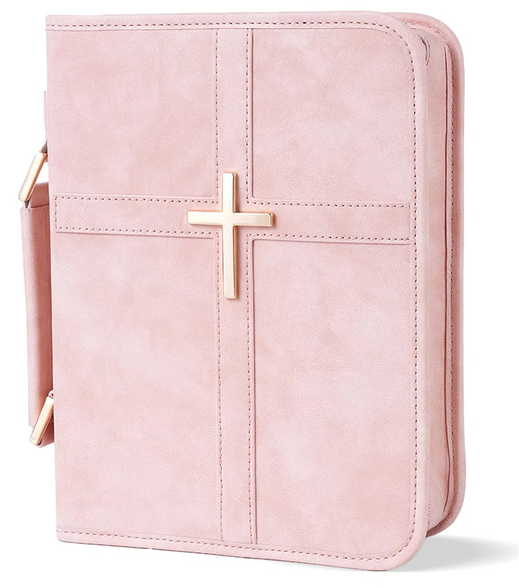Funda de cuero vegano para la Biblia, bolsa de la Biblia con bolsillo para teléfono, funda de la Biblia para hombres y mujeres, caja de regalo cristiana (rosa)