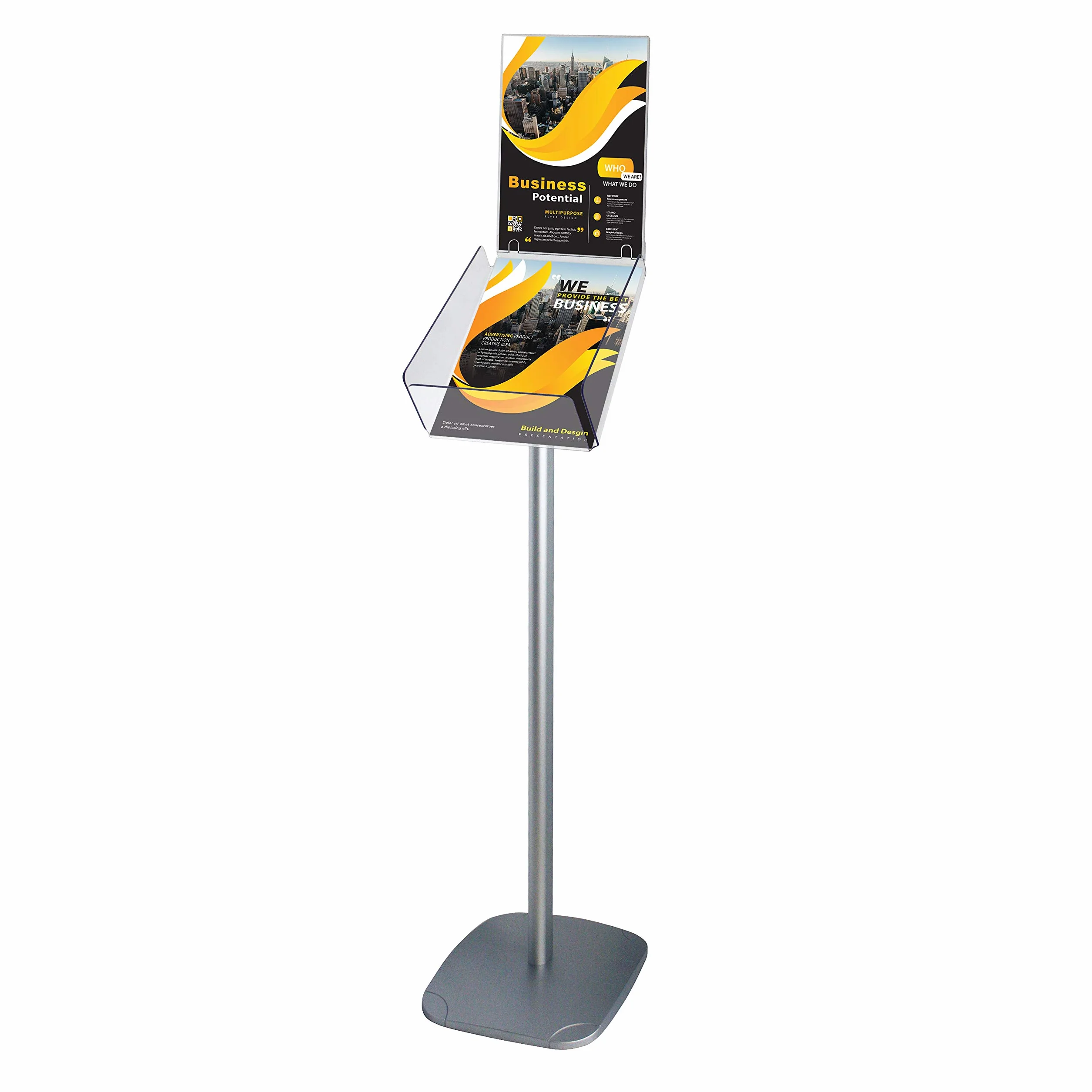 Portafolletos de Suelo Plus DIN A4 Vertical con Soporte para Rótulo Superior | Expositor de Folletos con Bandeja Acrílica Transparente | Stand Informativo Decorativo