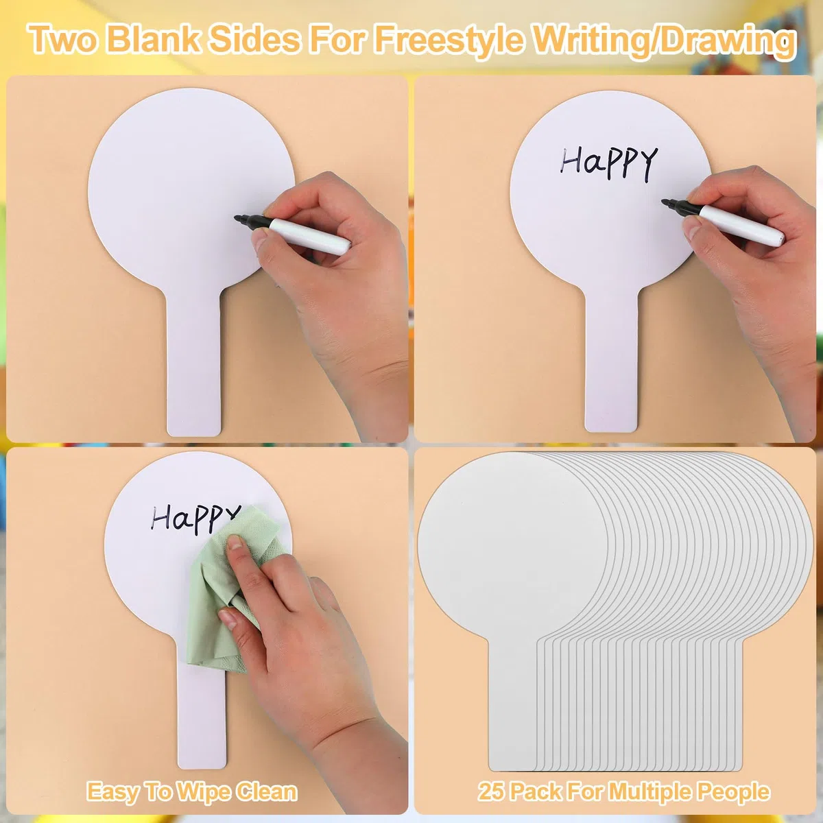 50 paletas de respuesta de borrado en seco, paletas de mano de doble cara, mini pizarras blancas, pizarras blancas pequeñas, letreros de borrado en seco, paletas de subastas para estudiantes, juegos