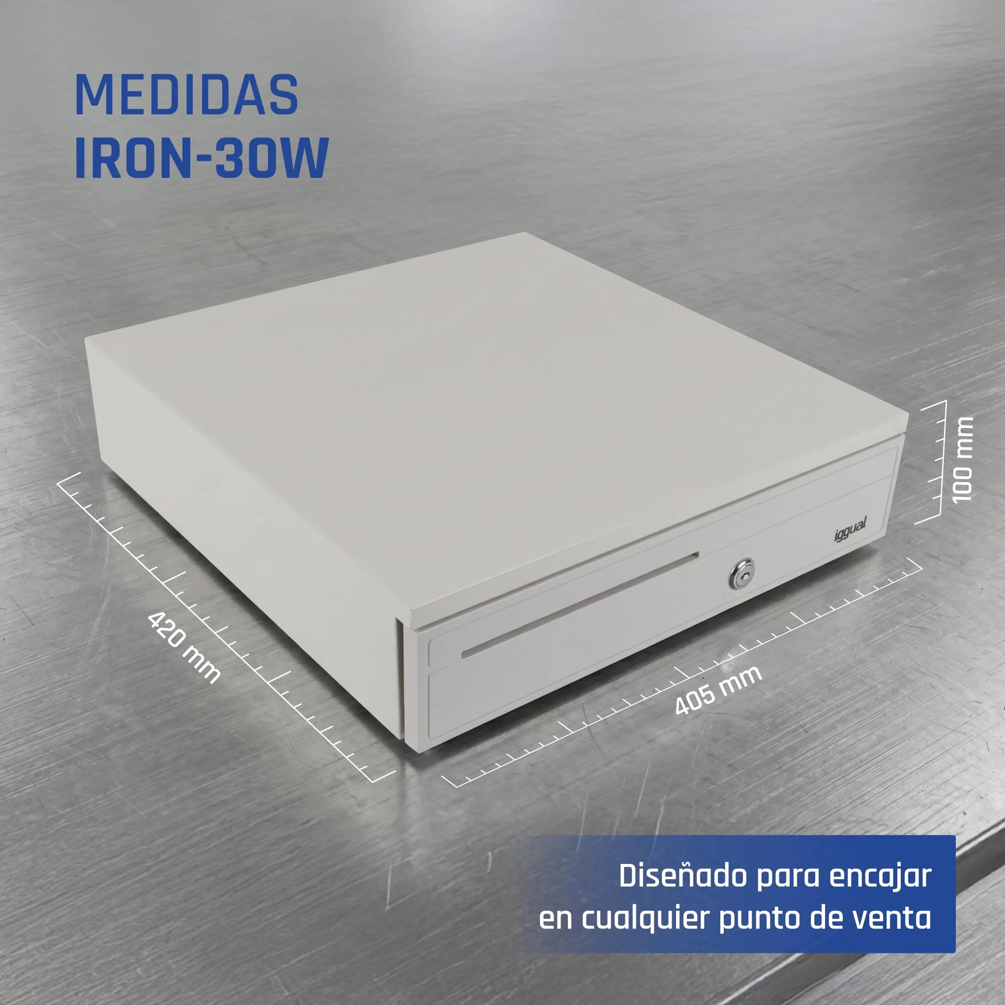 iggual – Cajón Portamonedas IRON-30W -Caja Efectivo, Registradora Manual o Automática para 5 Billetes y 5 Moneda - Cerradura 3 Posiciones- Acero+Plástico -Uso profesiona -Blanco Perla (42x40,5x10)