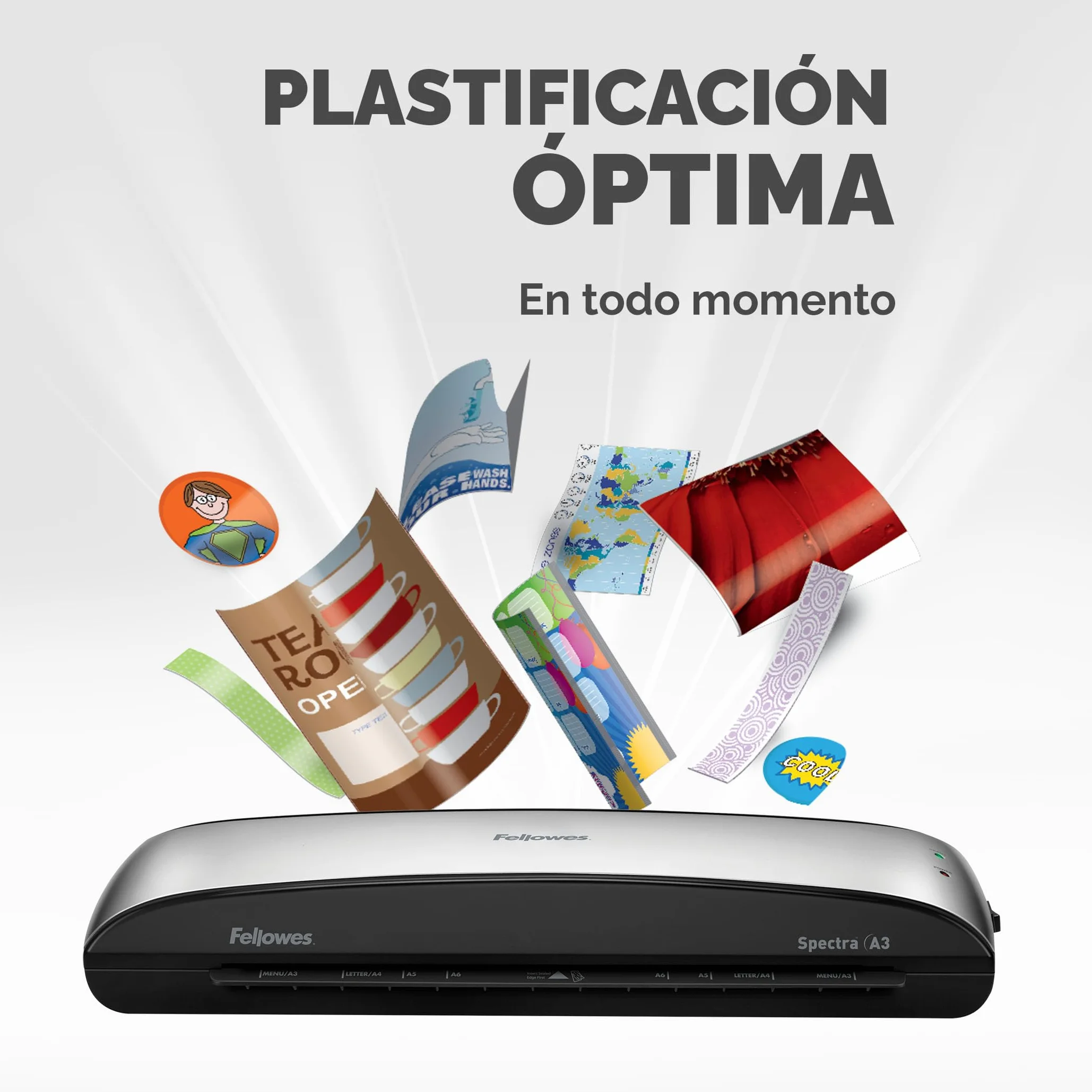 Fellowes Spectra A3 - Plastificadora de documentos, 80-125 micras, para uso ocasional, libre de atascos, color negro y plateado, 10 fundas de plastificar gratis