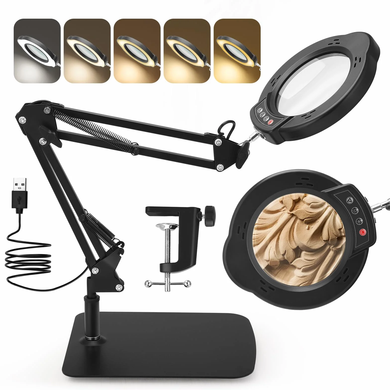 Lupa con Luz 15X, 5 temperaturas de Color y 10 Niveles de Brillo, Lupa Multifuncional con Brazos Flexibles y Cabezal Giratorio de 360°, Ideal para Leer Magnifying Glass
