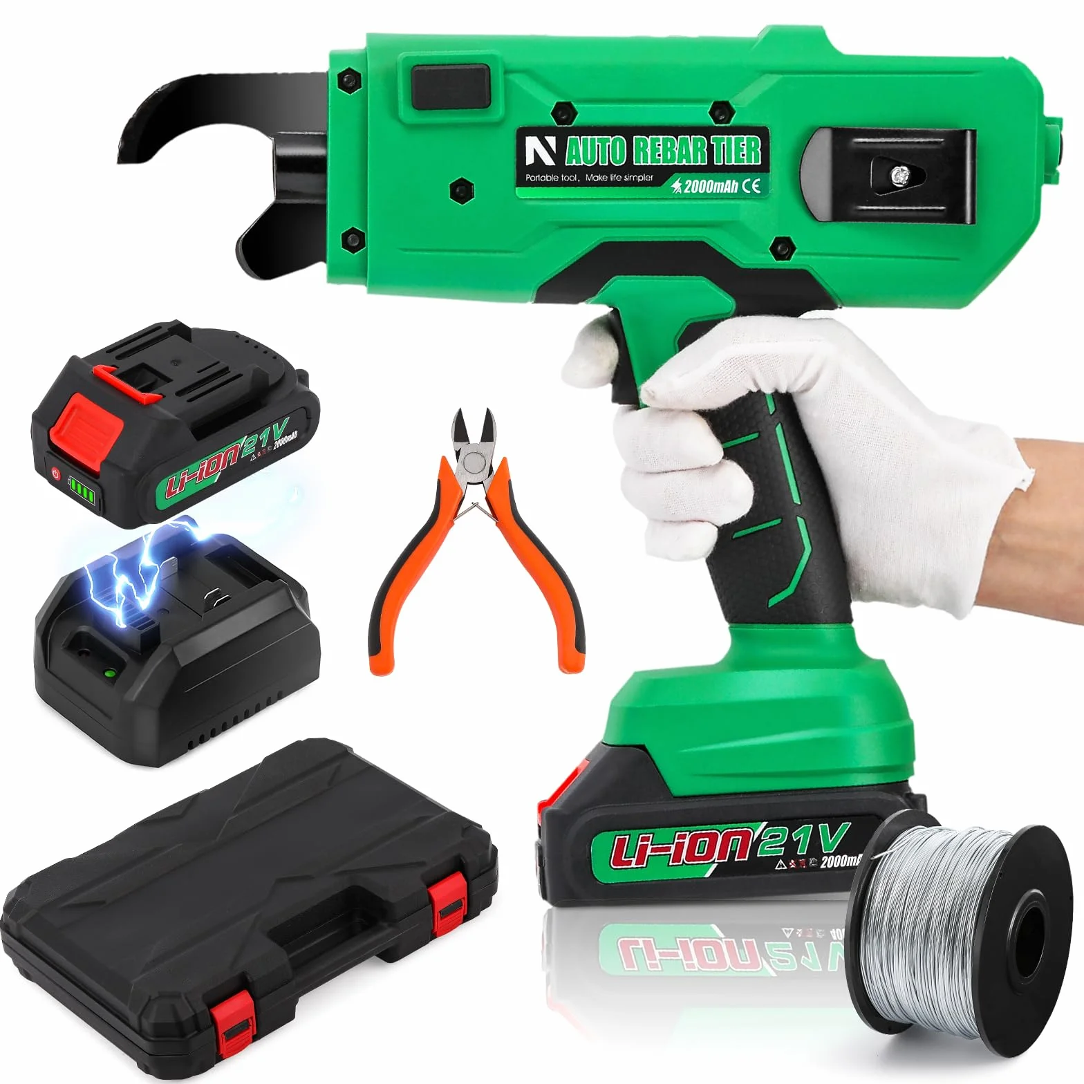 NEWTRY 20V Atadora Alambre de Ferralla Automática Cerradora para Barras de Acero de 0,3 a 1,33 Pulgadas (7~34 mm), con 2 piezas. 2.0 Ah Batería y Cargador