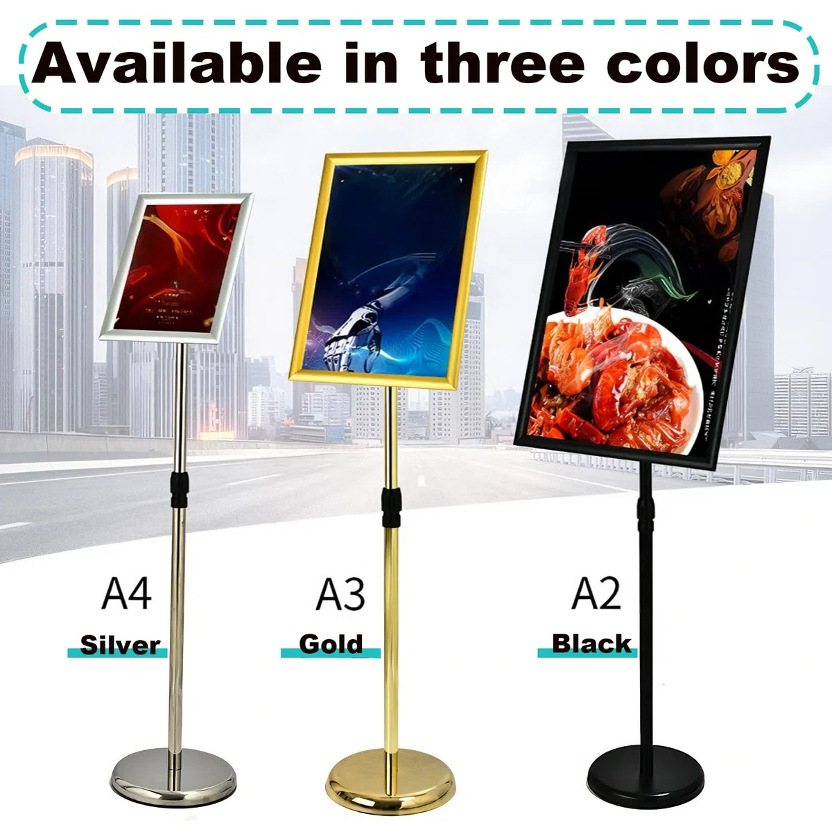 Soporte para carteles A4 exhibición publicitaria de pie oficina comercial ajustable con base estable A3 Silver Rounded-corner style