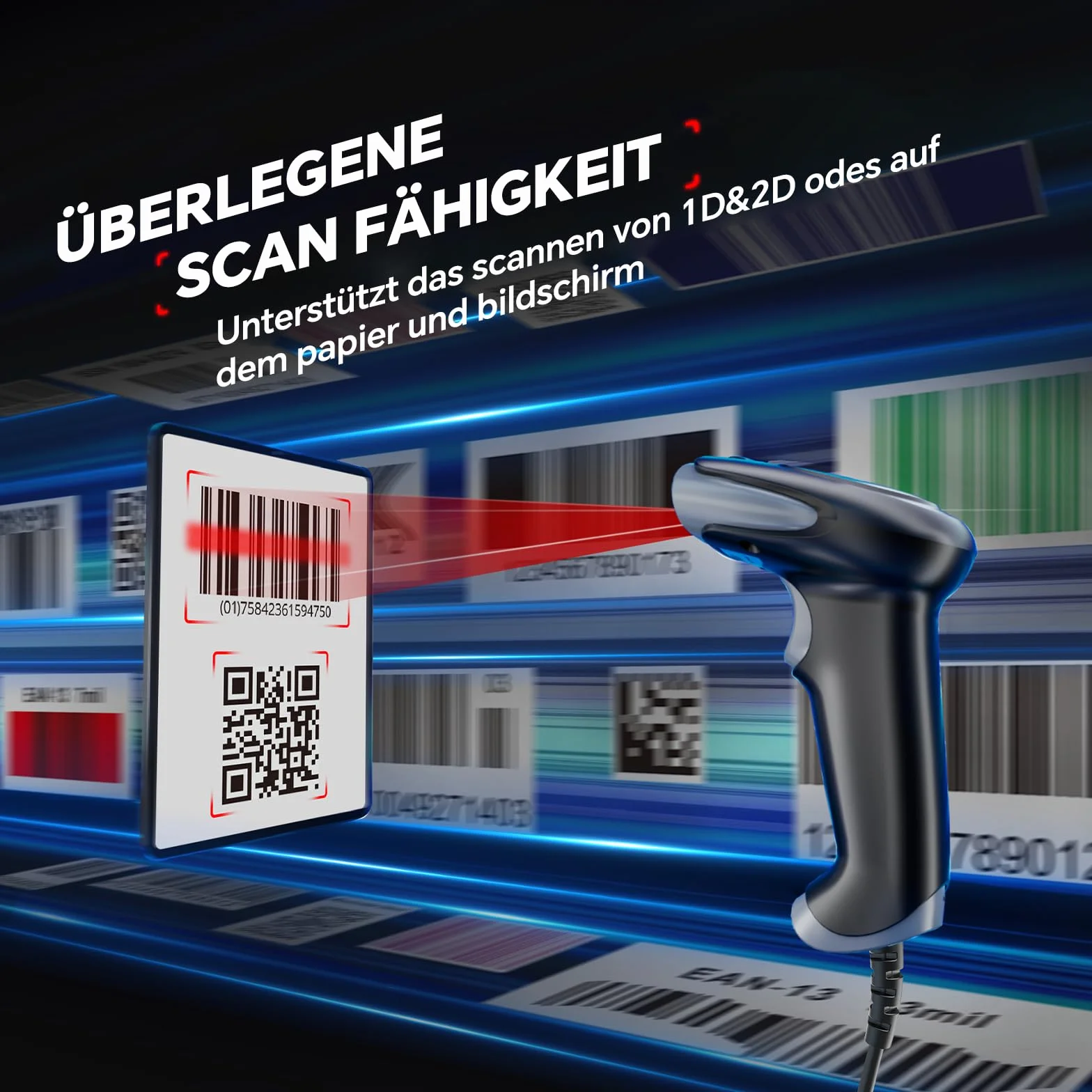 Eyoyo 2D Barcode Scanner, Lector de Códigos de Barras QR con Exploración de Pantalla, Escáner Cableado USB