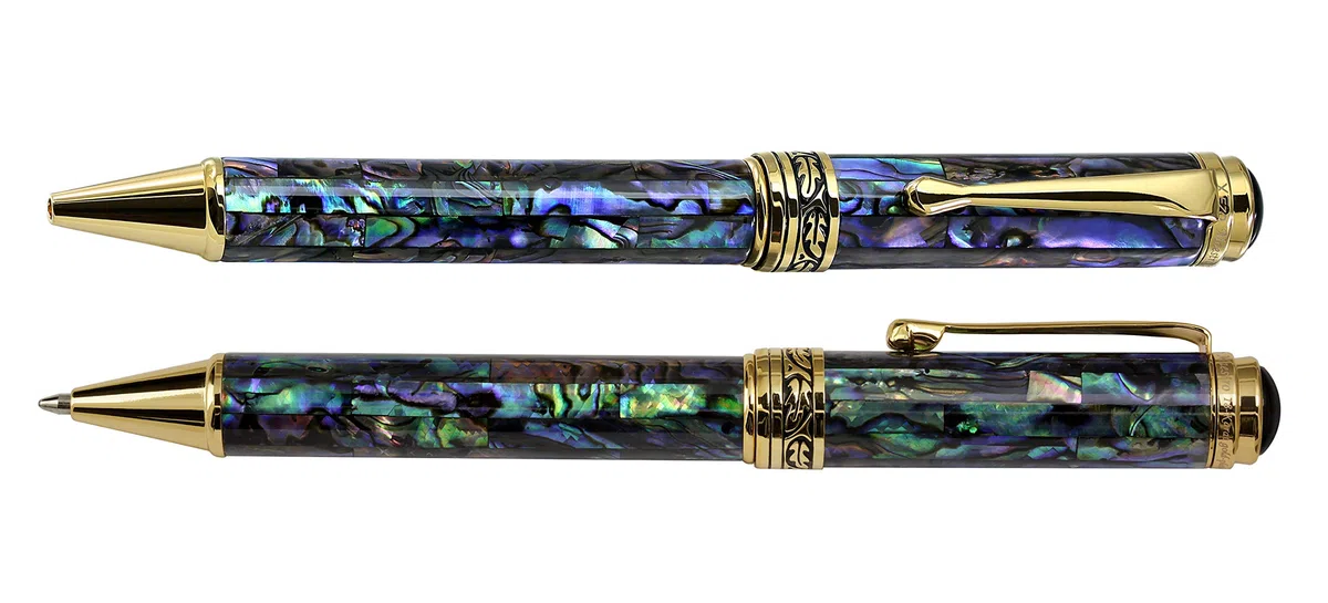 Xezo Bolígrafo Paua Abalone de Nueva Zelanda, chapado en oro de 18 quilates, diámetro del bolígrafo: 12 mm, longitud de 145 mm, peso 46 g. (Maestro SeaShell B)