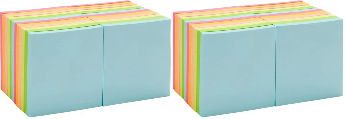Amazon Basics Notas Adhesivas de Tamaño Estándar, 48 Blocs, Blocs de Notas Autoadhesivas, Colores Surtidos, 7,6cm x 7,6cm
