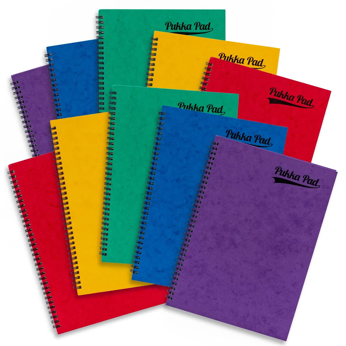 Pukka Pad, Bright Pressboard - Bloc de notas tamaño A4, 10 unidades, cuadernos laterales con 120 páginas de papel rayado de 80 g/m², cubierta de tablero prensado y cierre elástico para escuela