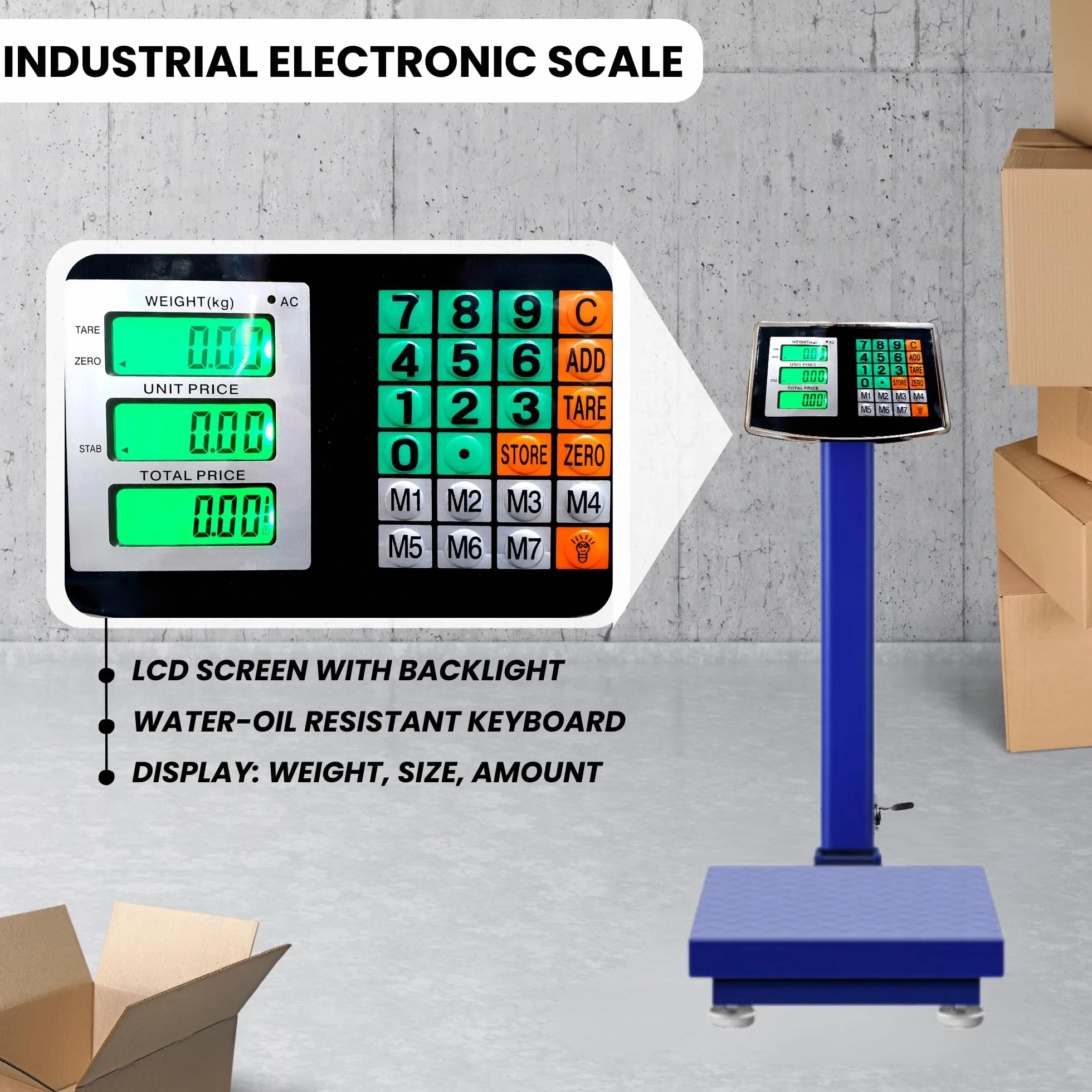 Báscula Industrial de Plataforma 300 kg. Balanza Digital Plegable con Pantalla LCD. Plataforma de Acero. Báscula Profesional Multifuncional, Perfecta para Paquetería, Almacenes, Comercios.
