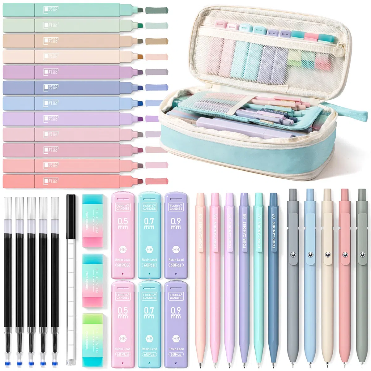 Four Candies 39 piezas de suministros escolares estéticos con bonito estuche para bolígrafos, 12 resaltadores pastel, 5 bolígrafos de gel de tinta negra, 6 lápices mecánicos de 0.5 y 0.7 mm para