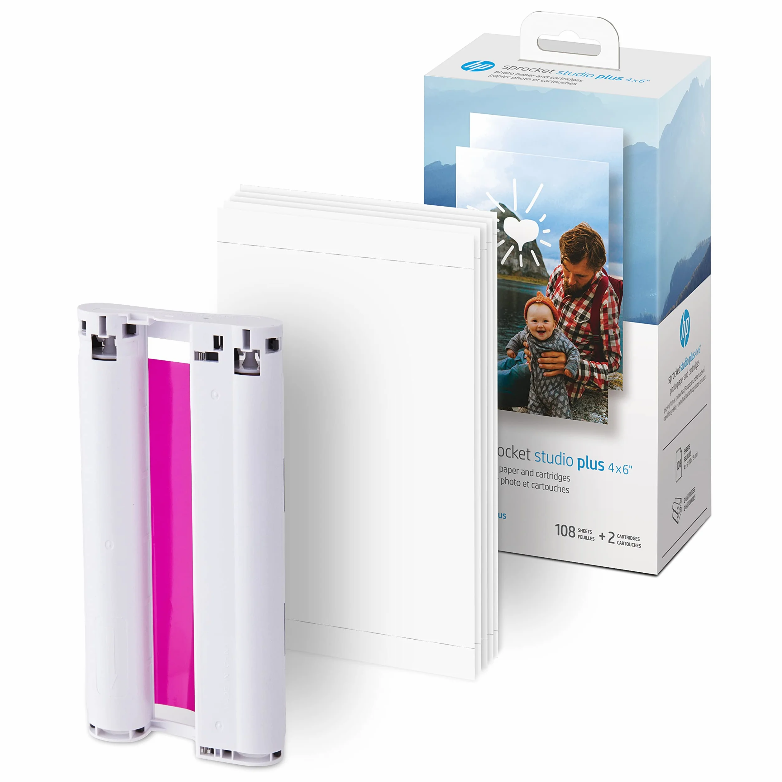 HP Sprocket Studio Plus de 4x6” Papel fotográfico y cartuchos (incluye 108 hojas y 2 cartuchos) - Compatible SOLO con la impresora HP Sprocket Studio Plus