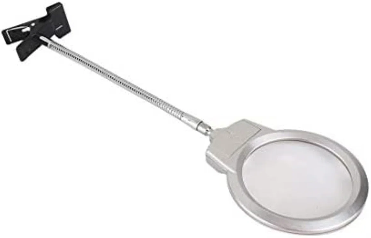 Lupa de sobremesa con Clip para Escritorio, Lupa iluminada, Lupa de Lectura, Manguera de Metal, lámpara con luz LED, Lupa de sobremesa con Abrazadera, Color Plateado