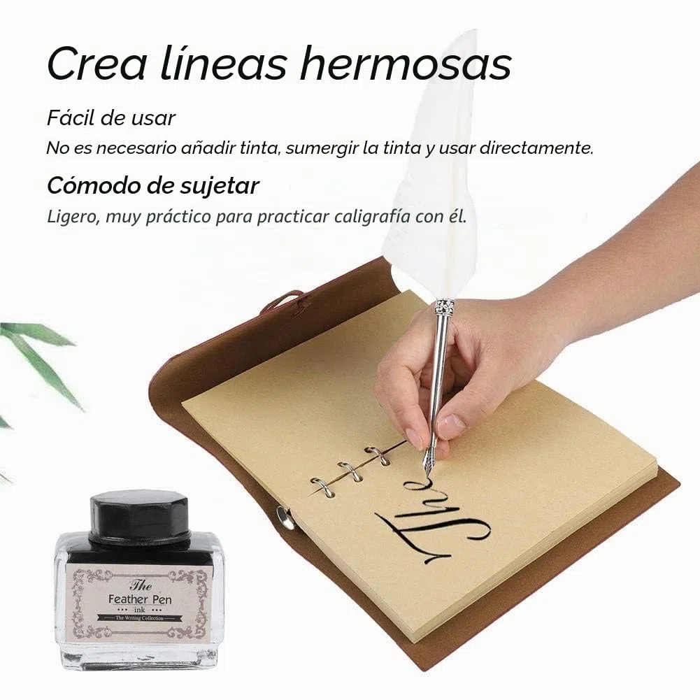 VBESTLIFE Conjunto de Botella de Tinta Cuaderno de Cuero Retro con Pluma Estilográfica de Plumaje Tallado Vintage para Caligrafía Escritura Regalo de Papelería(Blanco)